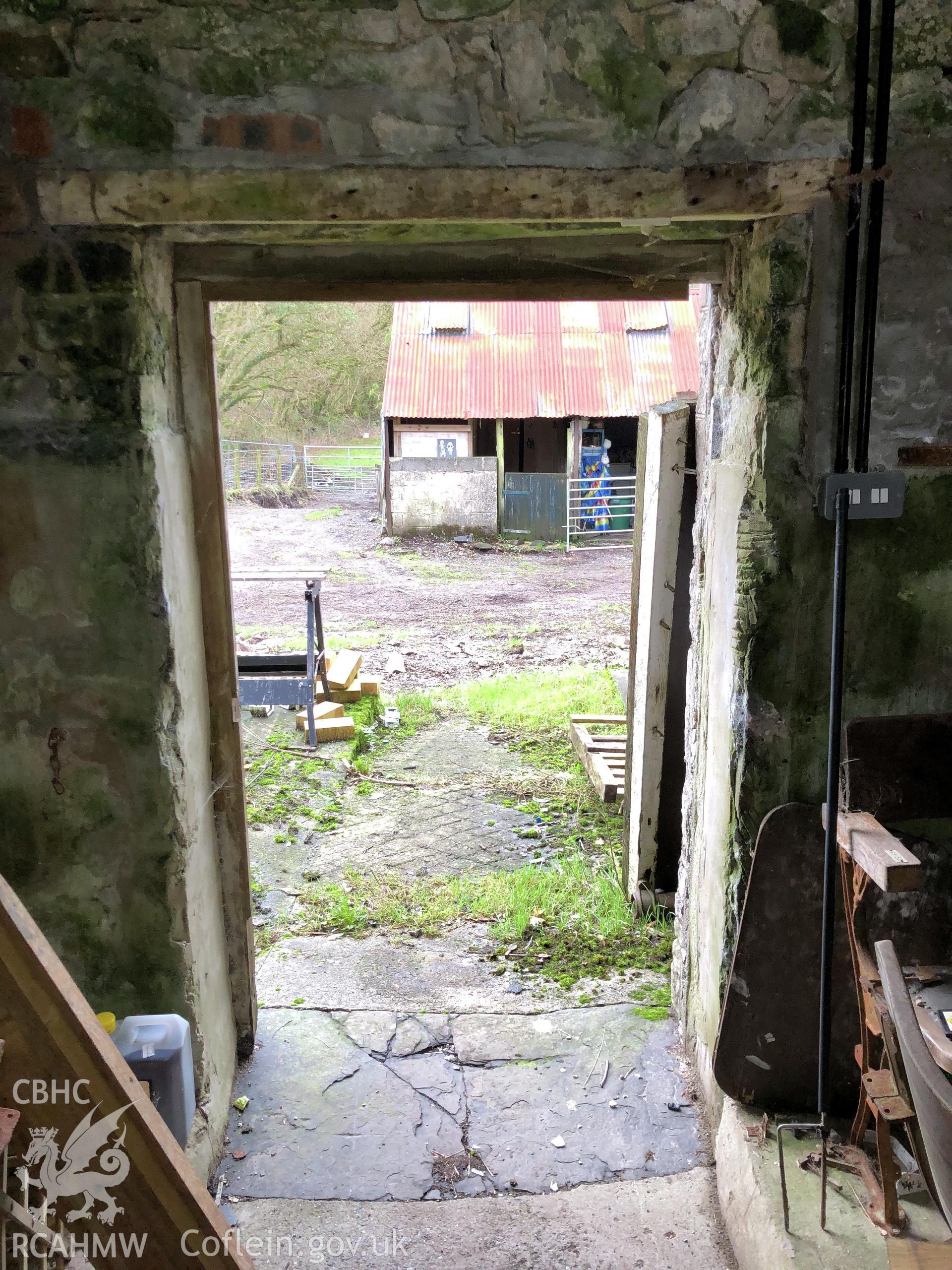 Photograph showing detailed interior view of ale and pail barn's doorway, at Pant-y-Castell, Maesybont, Photographed by Mark Waghorn to meet a condition attached to planning application.