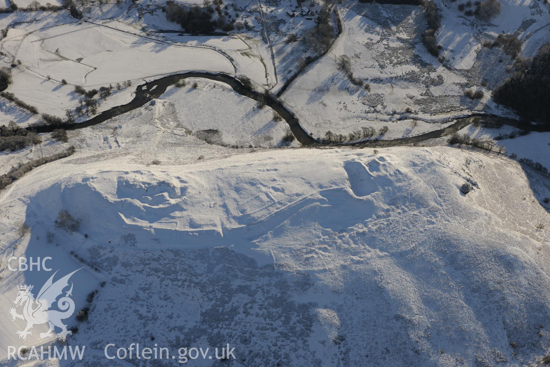 Cefnllys Castle, Penybont, east of Llandrindod Wells. Oblique aerial photograph taken during the Royal Commission?s programme of archaeological aerial reconnaissance by Toby Driver on 15th January 2013.