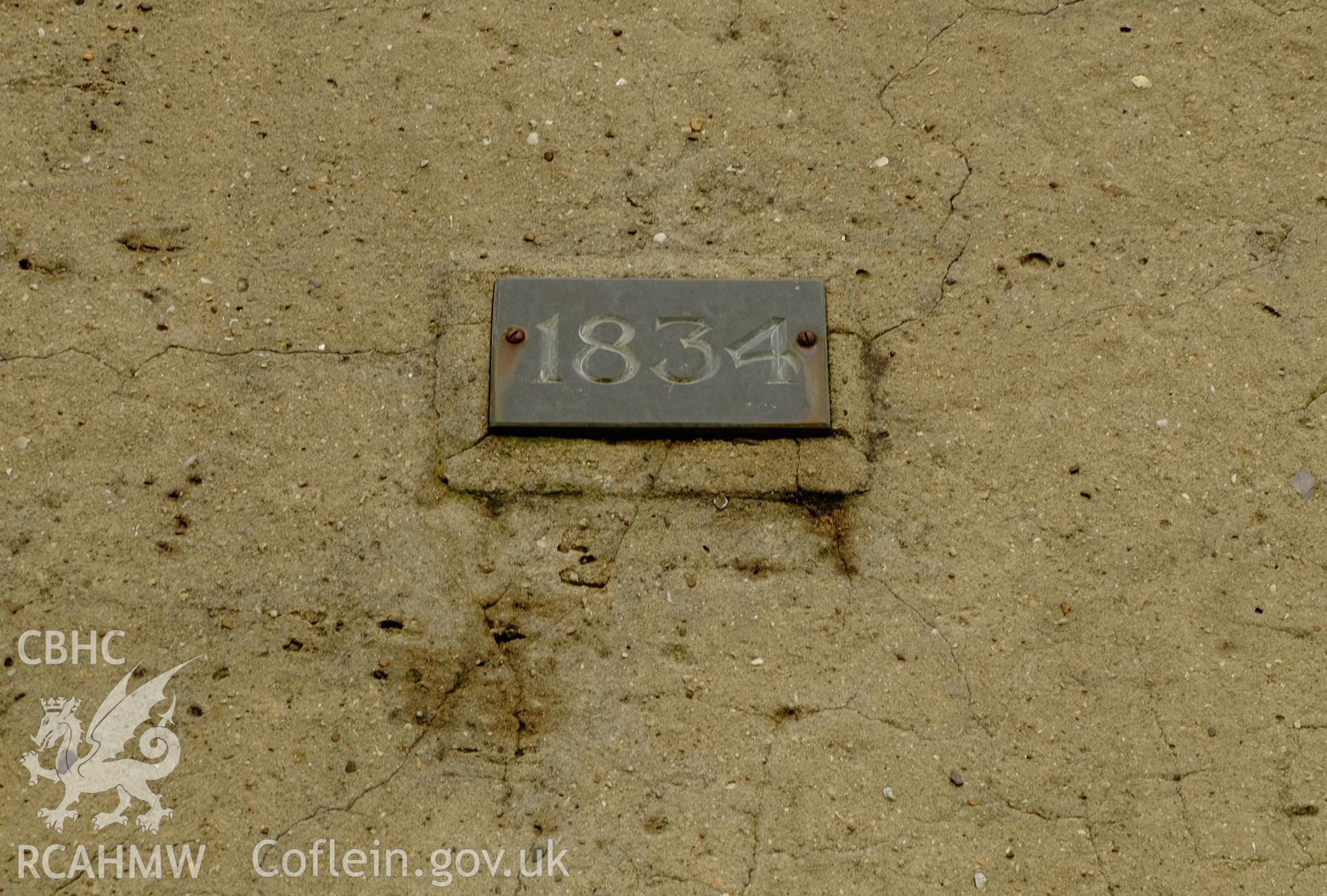 Colour photograph showing 1834 date tablet in gable end of Siop y Gornel, Deiniolen, produced by Richard Hayman 2nd February 2017