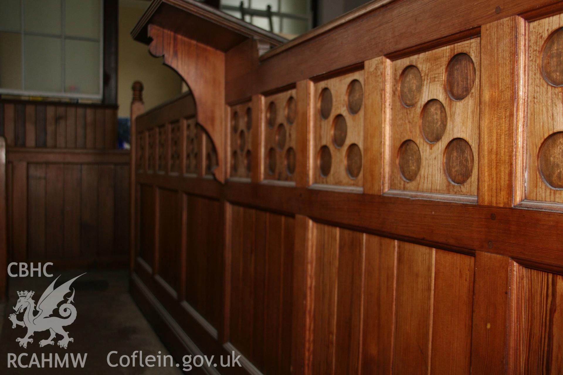 Photograph showing detailed view of wooden panelling at the former Llawrybettws Welsh Calvinistic Methodist chapel, Glanyrafon, Corwen. Produced by Tim Allen on 7th March 2019 to meet a condition attached to planning application.