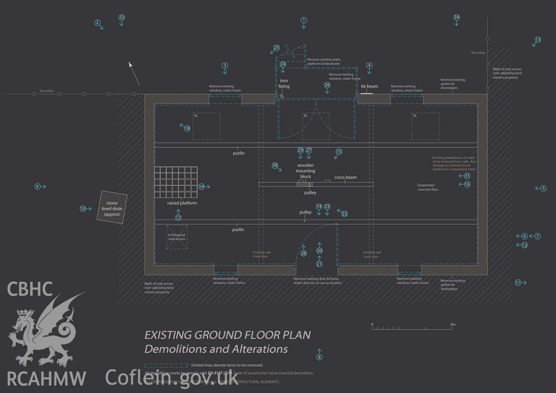 Graphic of the existing ground floor plan used in report illustrations prepared as part of CPAT Project 2356: Brook House Tank, Leighton, Powys - Building Survey, 2019. Report no. 1645.