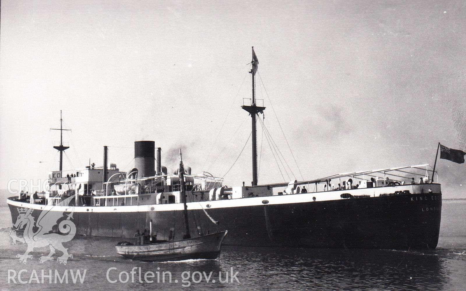 Photograph of 'The MV King Edgar, date unknown. Photo courtesy of N Chipchase (www.wreckstie.eu).' Included amongst material relating to desk based assessment of the MV King Edgar historic wreck site, conducted by Archaeology Wales, 2017.