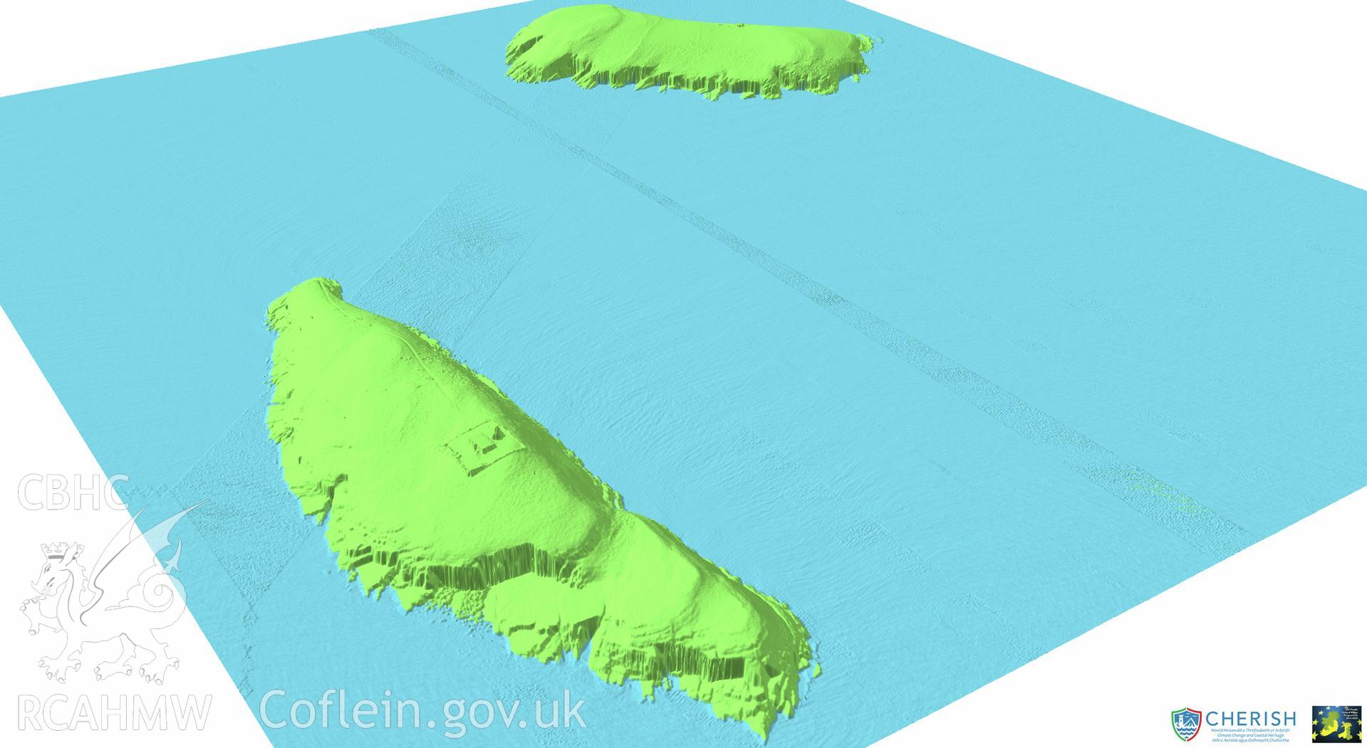 Ynysoedd Tudwal (St. Tudwal?s Islands). Airborne laser scanning (LiDAR) commissioned by the CHERISH Project 2017-2021, flown by Bluesky International LTD at low tide on 24th February 2017. View showing both islands facing north-east.