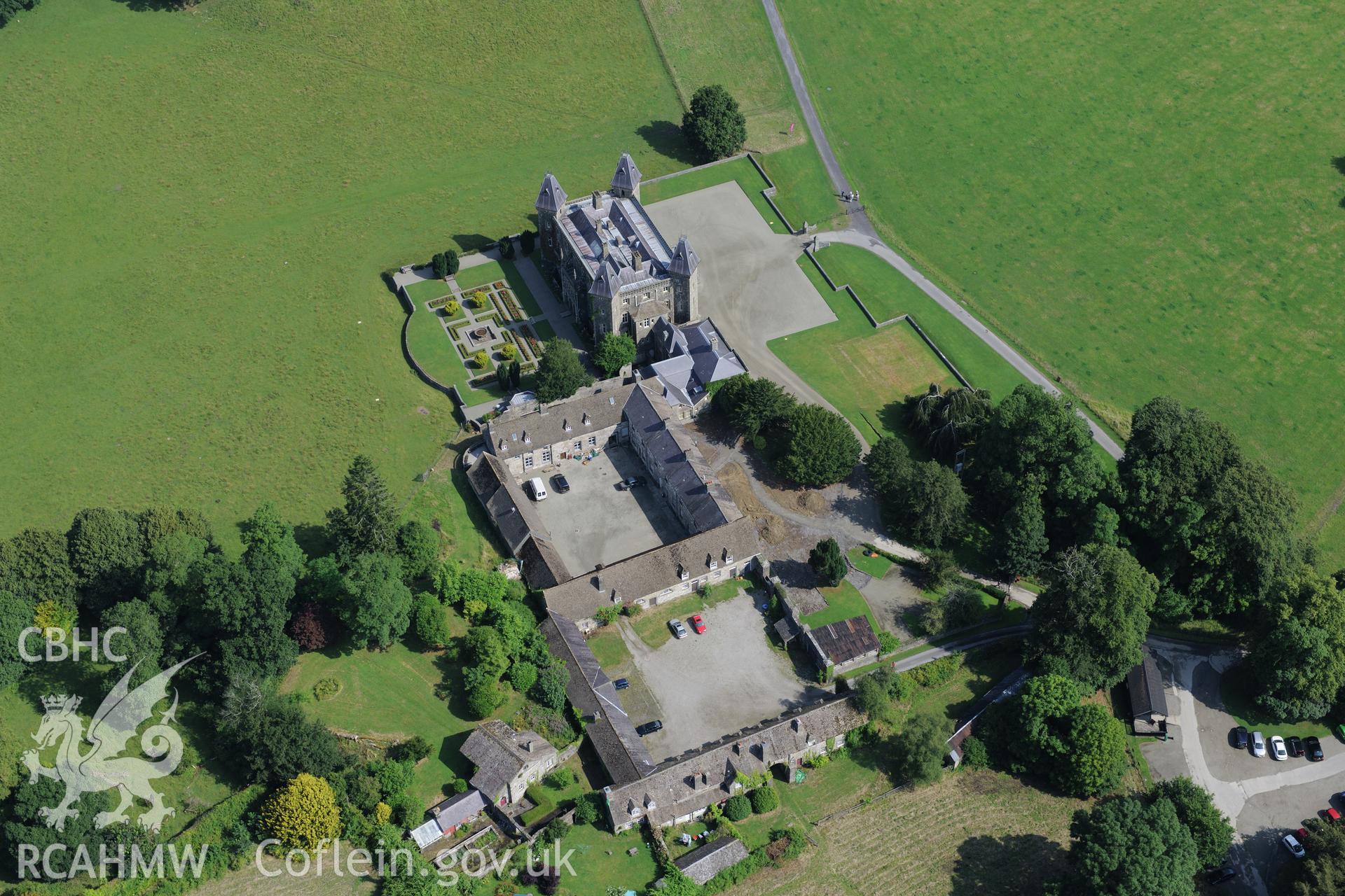 Plas Dinefwr (Newton House) including its formal gardens and inner courtyard, west of Llandeilo. Oblique aerial photograph taken during the Royal Commission?s programme of archaeological aerial reconnaissance by Toby Driver on 1st August 2013.