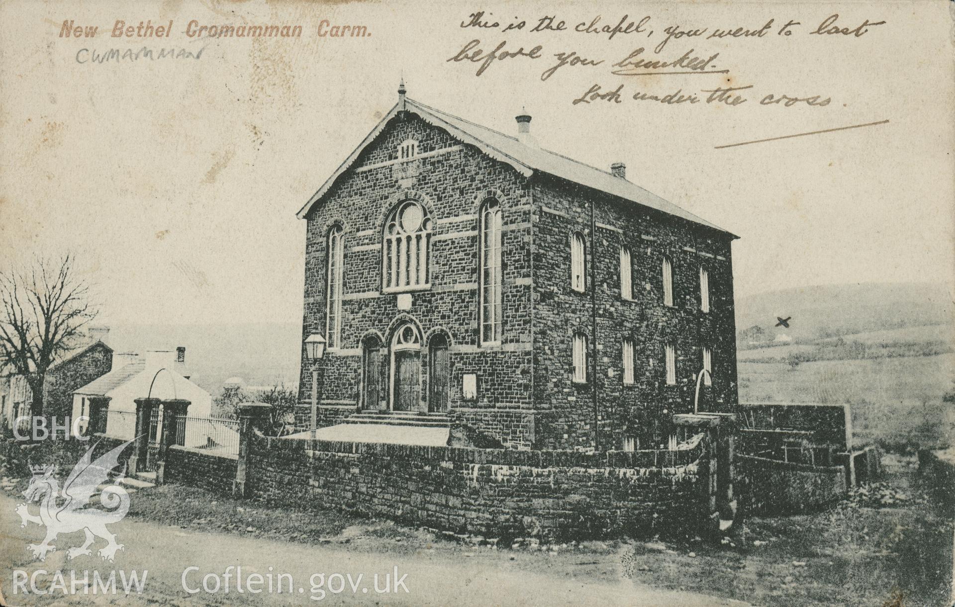 Digital copy of black and white postcard showing exterior view of New Bethel Welsh Independent Chapel, Glanamman, Cwmamman. Appears to have been franked in 1917. Postcard loaned for copying by Thomas Lloyd.