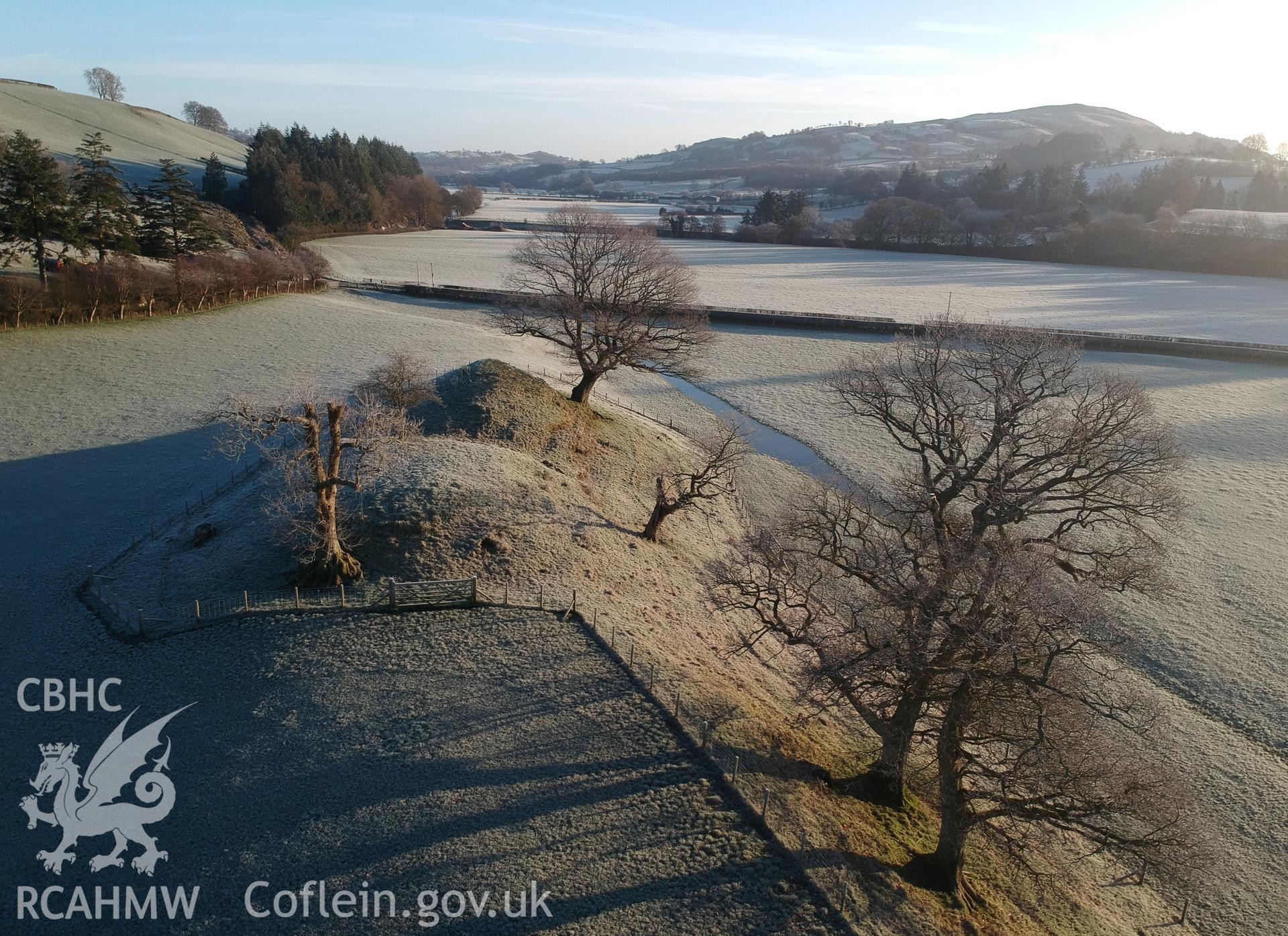View of Llysun motte and bailey castle, Llanerfyl. Colour photograph taken by Paul R. Davis on 2nd January 2019.