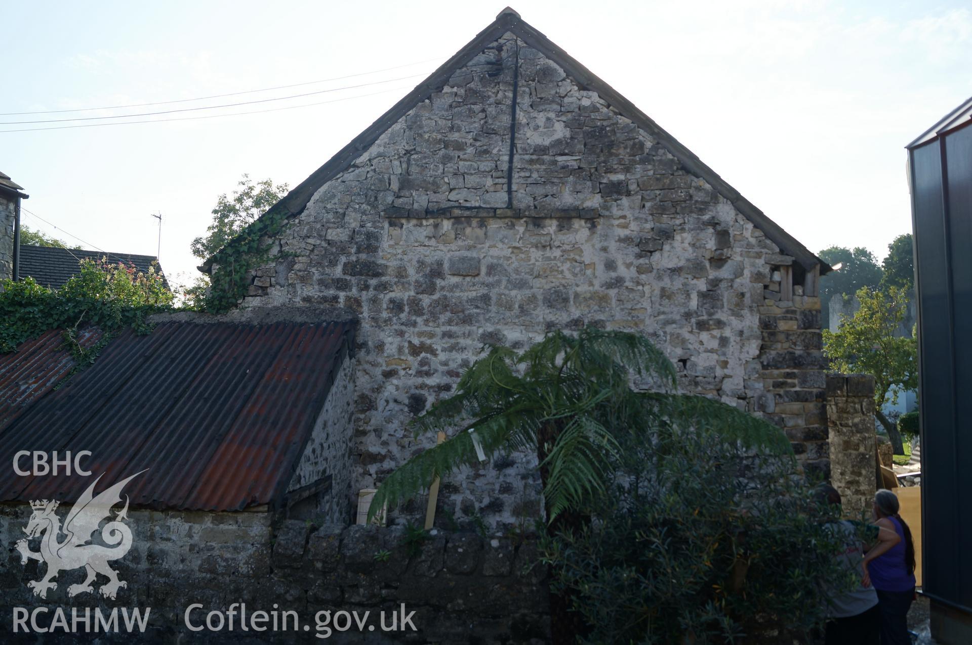 View 'looking west southwest at the eastern gable of the barn with former pigsty and yard in the foreground' at Rowley Court, Llantwit Major. Photograph & description by Jenny Hall & Paul Sambrook of Trysor, 7th September 2016.