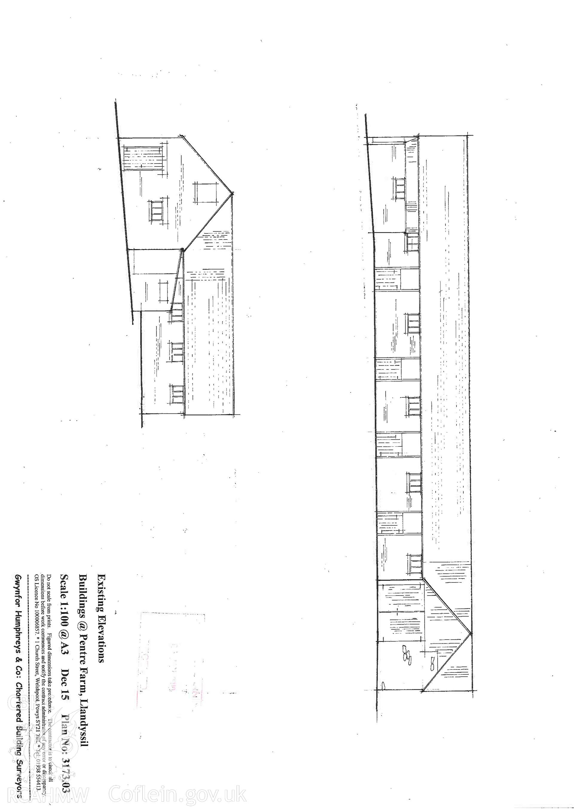 'Existing Elevation - Building A' used as report illustration for CPAT Project 2414: Pentre Barns, Llandyssil, Powys - Building Survey. Prepared by Kate Pack of Clwyd Powys Archaeological Trust, 2019. Report no. 1694.