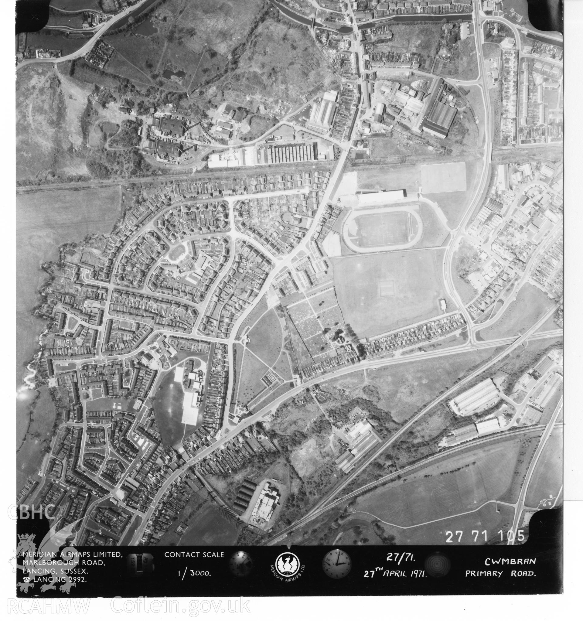 Aerial photograph of Primary Road, Cwmbran, taken on 27th April 1971. Included as part of Archaeology Wales' desk based assessment of former Llantarnam Community Primary School, Croeswen, Oakfield, Cwmbran, conducted in 2017.