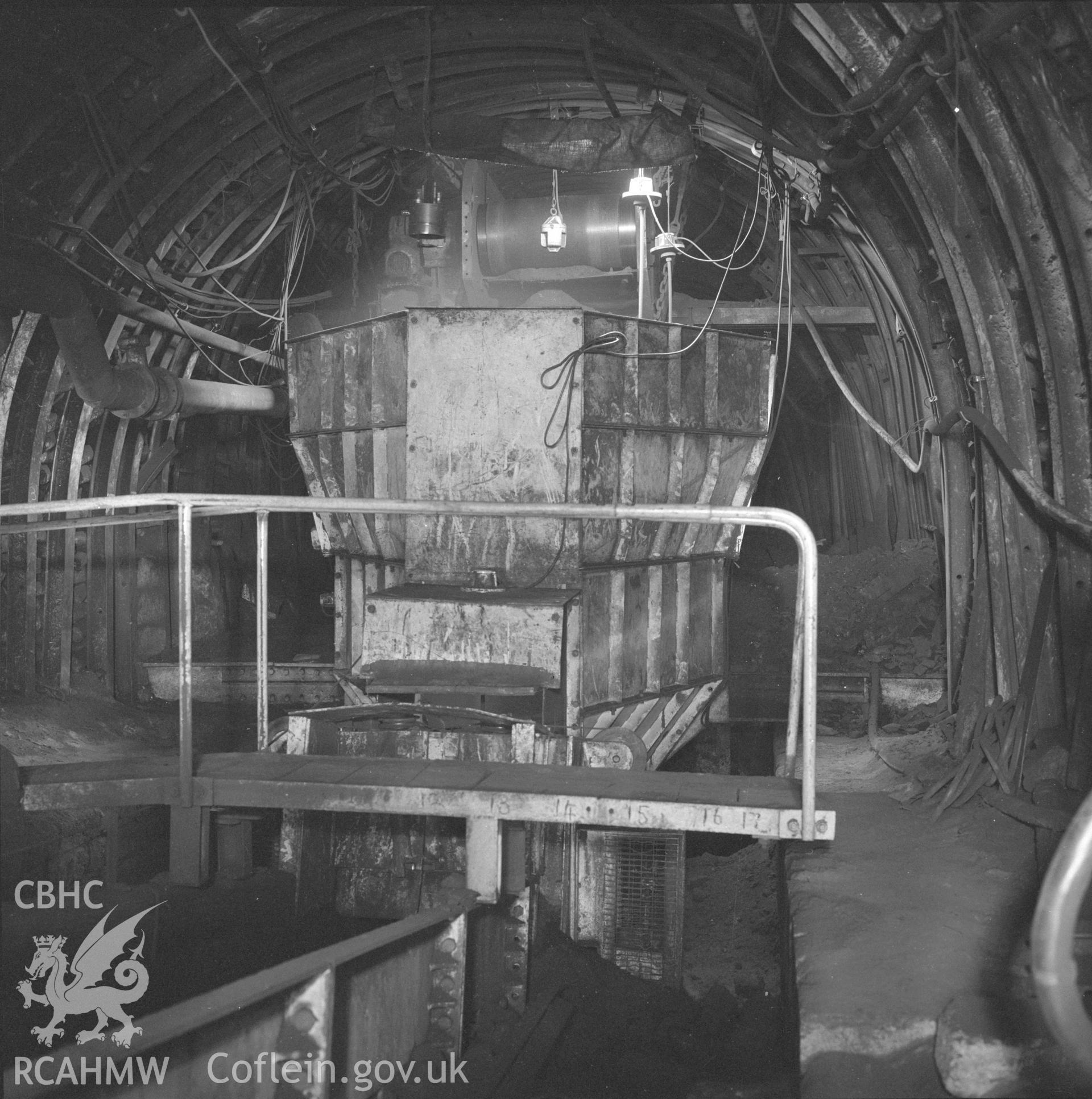 Digital copy of an acetate negative showing exterior of underground bunker at Oakdale Colliery, from the John Cornwell Collection.