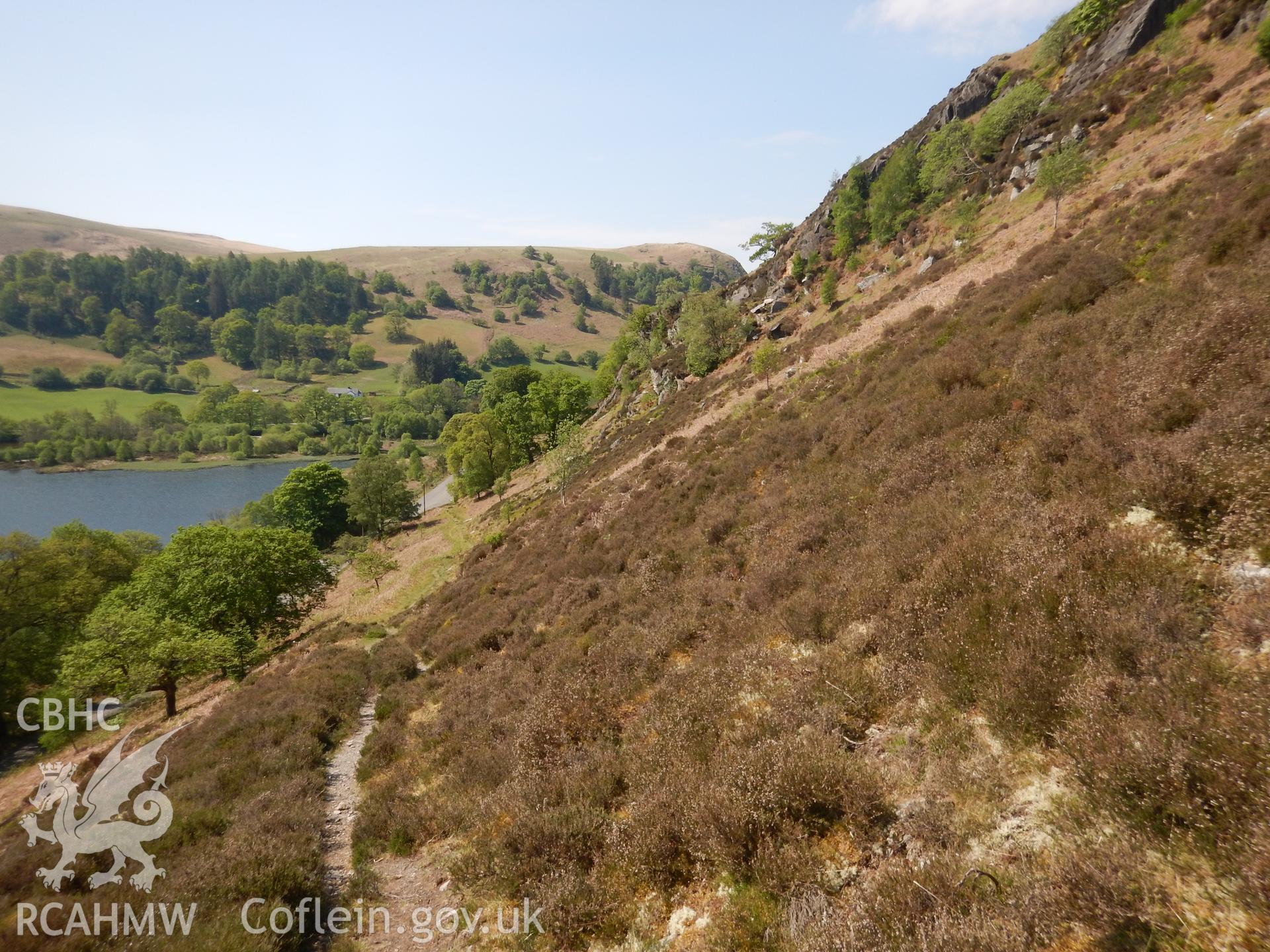 View south-west along proposed cable route up the side of Gurnos Hill. Photographed as part of Archaeological Desk Based Assessment of Afon Claerwen, Elan Valley, Rhayader, Powys. Assessment by Archaeology Wales in 2018. Report no. 1681. Project no. 2573.