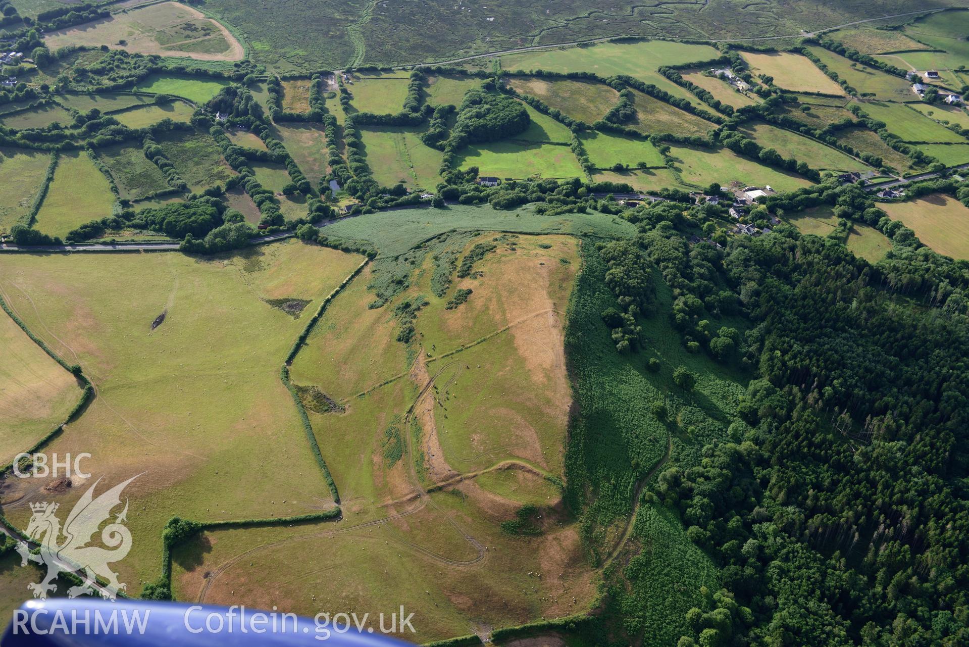 Royal Commission aerial photography of Cil Ifor top hillfort with extensive parching, and new archaeological detail, taken on 17th July 2018 during the 2018 drought.