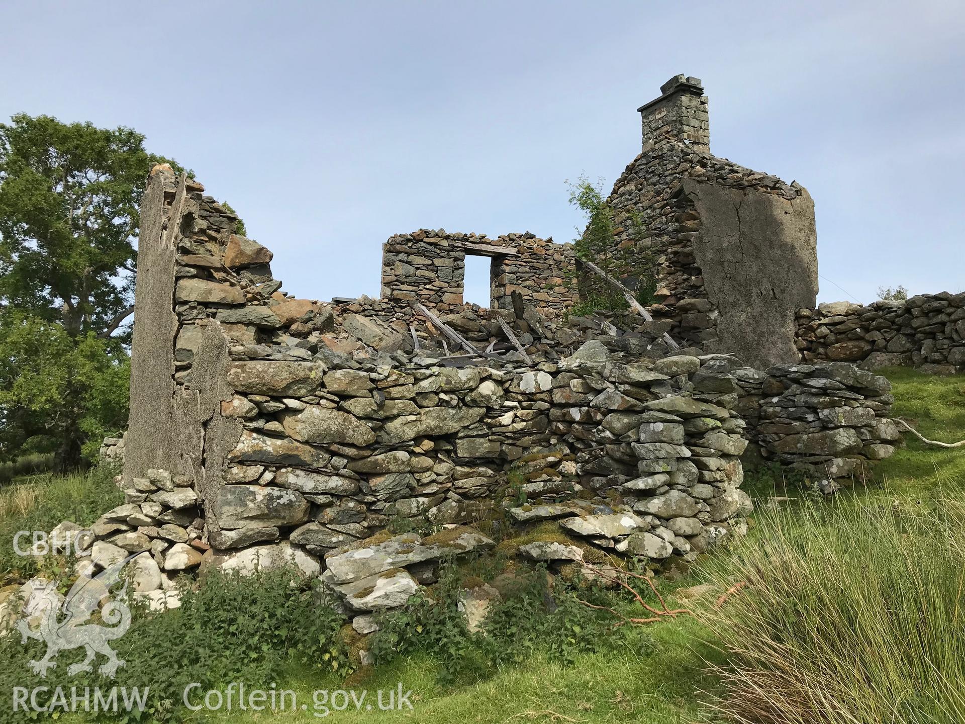 Colour photo showing the remains of Brwynog Isaf house and outbuildings, taken by Paul R. Davis, 23rd June 2018.