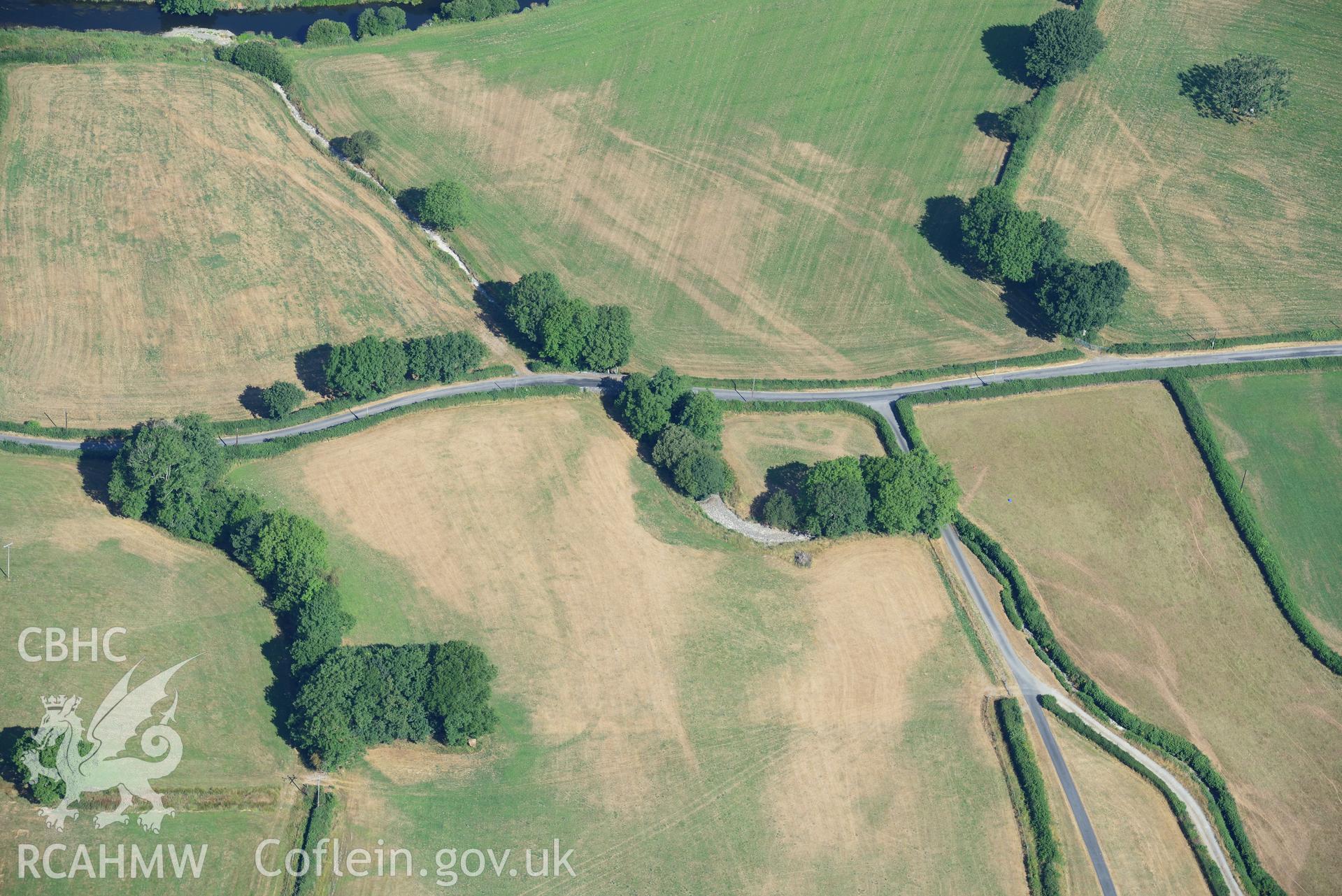 Royal Commission aerial photography of Felindre-isaf circular enclosure taken on 19th July 2018 during the 2018 drought.