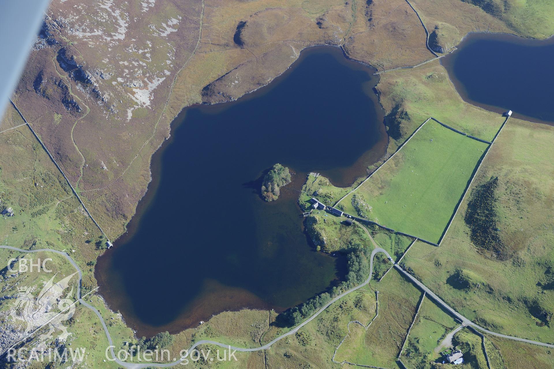 Llynnau Cregennen on the slopes of Cadair Idris. Oblique aerial photograph taken during the Royal Commission's programme of archaeological aerial reconnaissance by Toby Driver on 2nd October 2015.