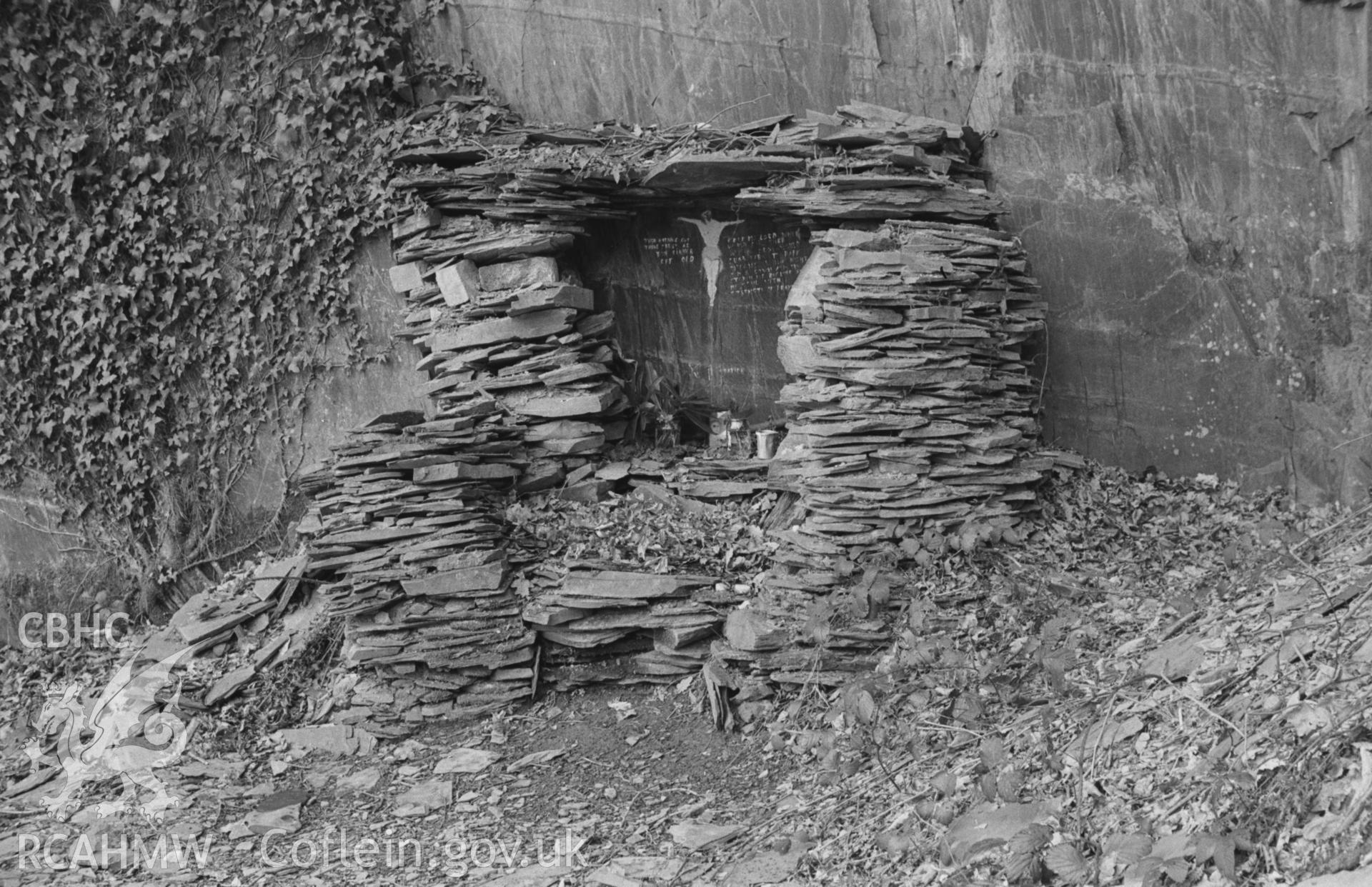 Digital copy of a black and white negative showing shrine to 'Paddy Duffy' Machynlleth. Exact location unknown. Photographed in April 1964 by Arthur O. Chater.