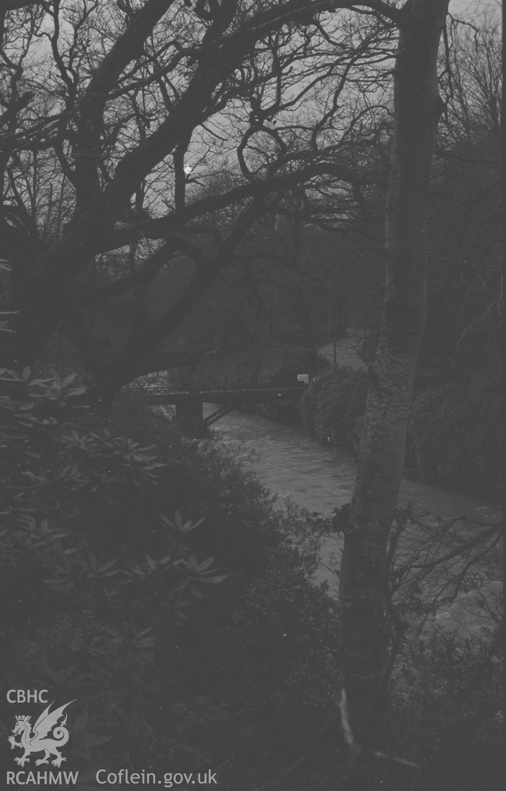 Digital copy of a black and white negative showing footbridge on the river Ystwyth near Trawscoed. Photographed by Arthur O. Chater in December 1964.