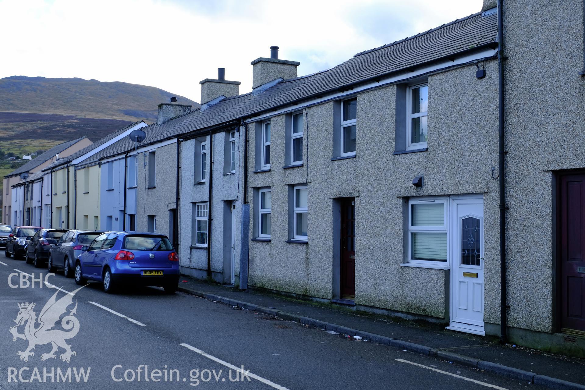 Colour photograph showing view looking east at Stryd Fawr (south side), Deiniolen, produced by Richard Hayman 2nd February 2017