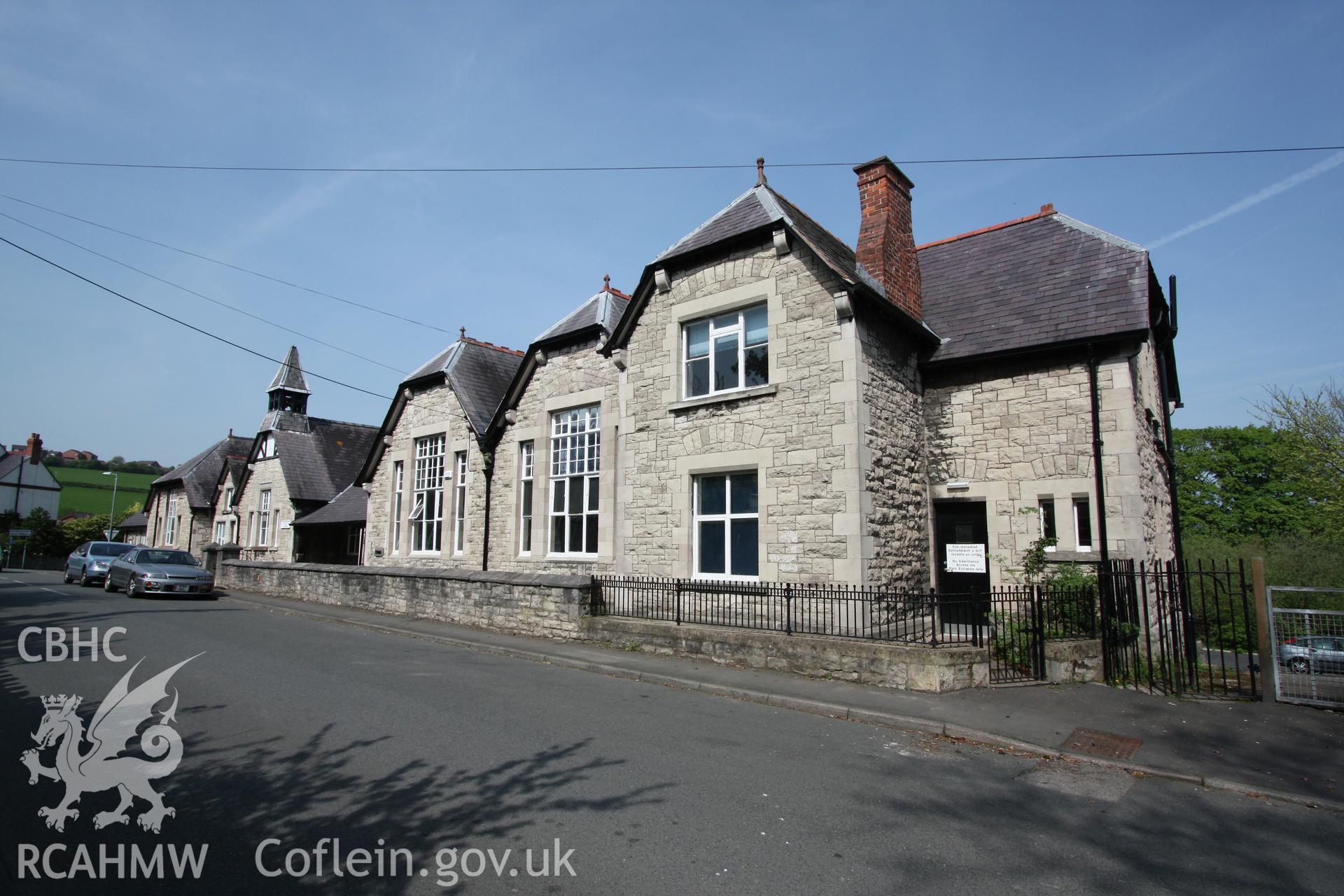 Digital colour photograph showing front elevation of Ysgol Frongoch, later the Magistrates Court, Denbigh. Photographic survey conducted by Sue Fielding on 20th July 2010.