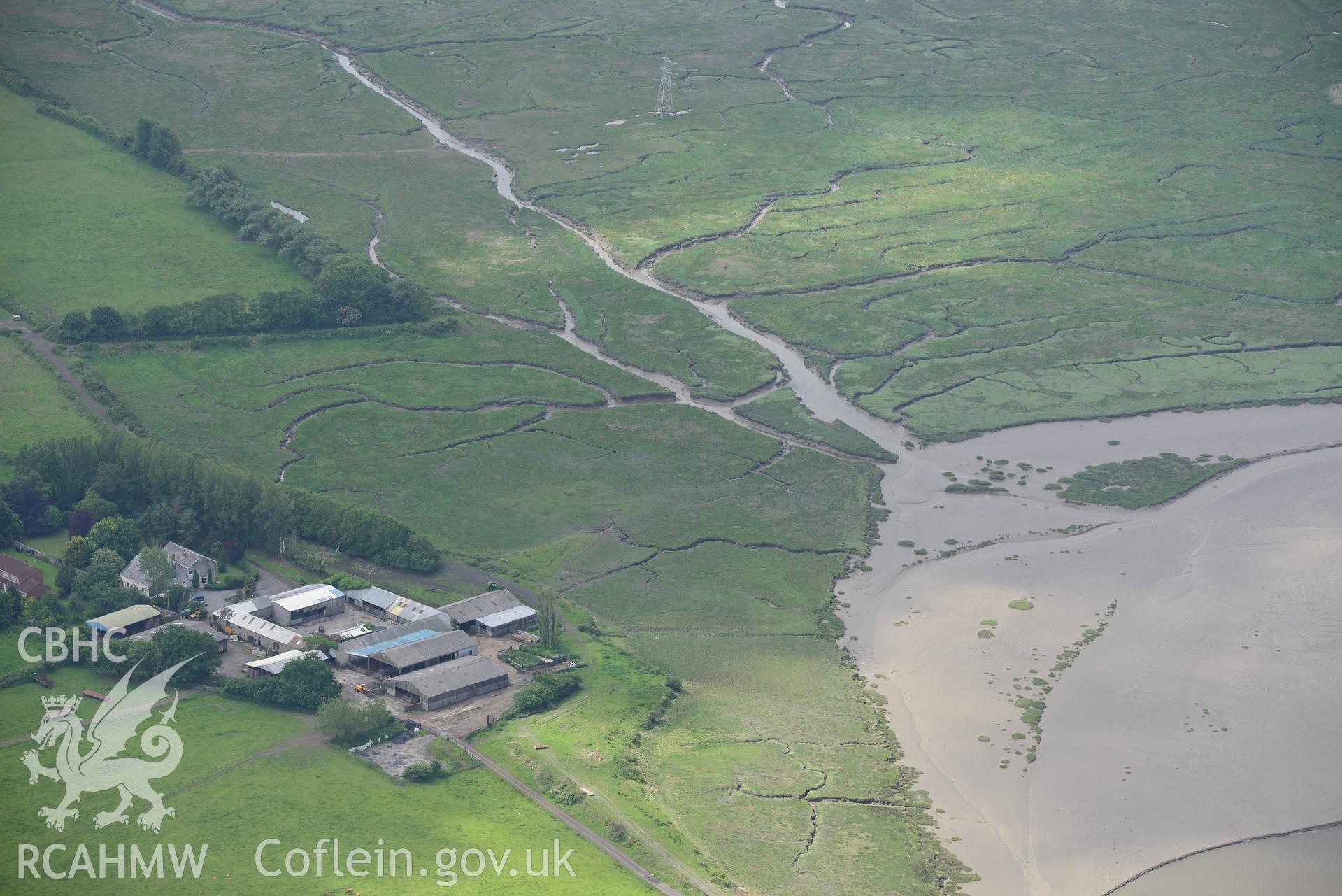 St. Michael's chapel; Cwrt-y-Carnau farmhouse and Cwrt-y-Carnau farmbuildings, near Gorseinon, Swansea. Oblique aerial photograph taken during the Royal Commission's programme of archaeological aerial reconnaissance by Toby Driver on 19th June 2015.