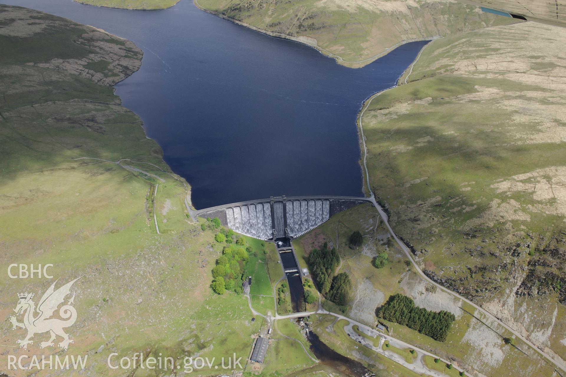 Claerwen Dam and Reservoir, Elan Valley Water Scheme. Oblique aerial photograph taken during the Royal Commission's programme of archaeological aerial reconnaissance by Toby Driver on 3rd June 2015.