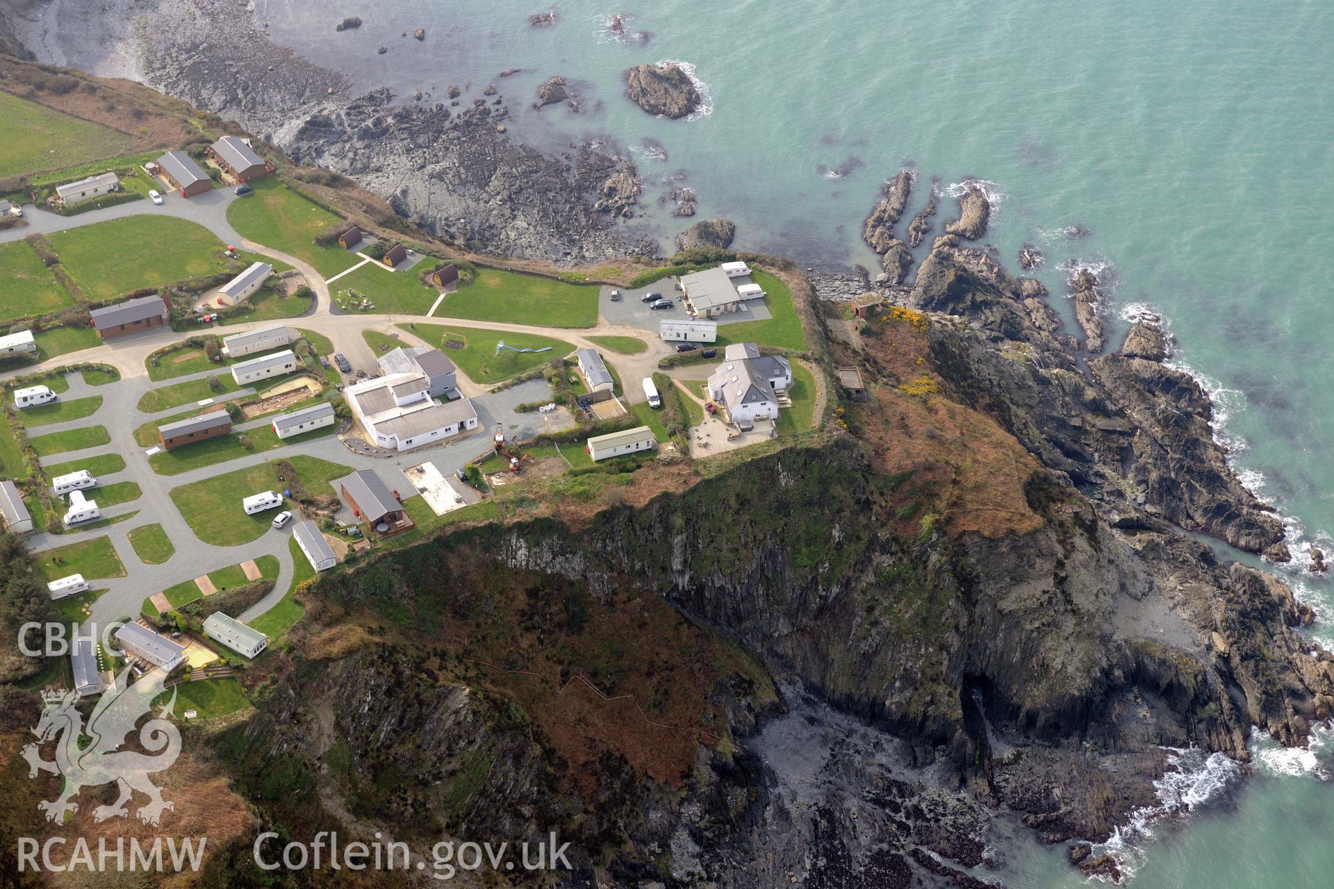 Royal Commission aerial photograph of Fishguard Battery taken on 27th March 2017. Baseline aerial reconnaissance survey for the CHERISH Project. ? Crown: CHERISH PROJECT 2017. Produced with EU funds through the Ireland Wales Co-operation Programme 2014-2020. All material made freely available through the Open Government Licence.