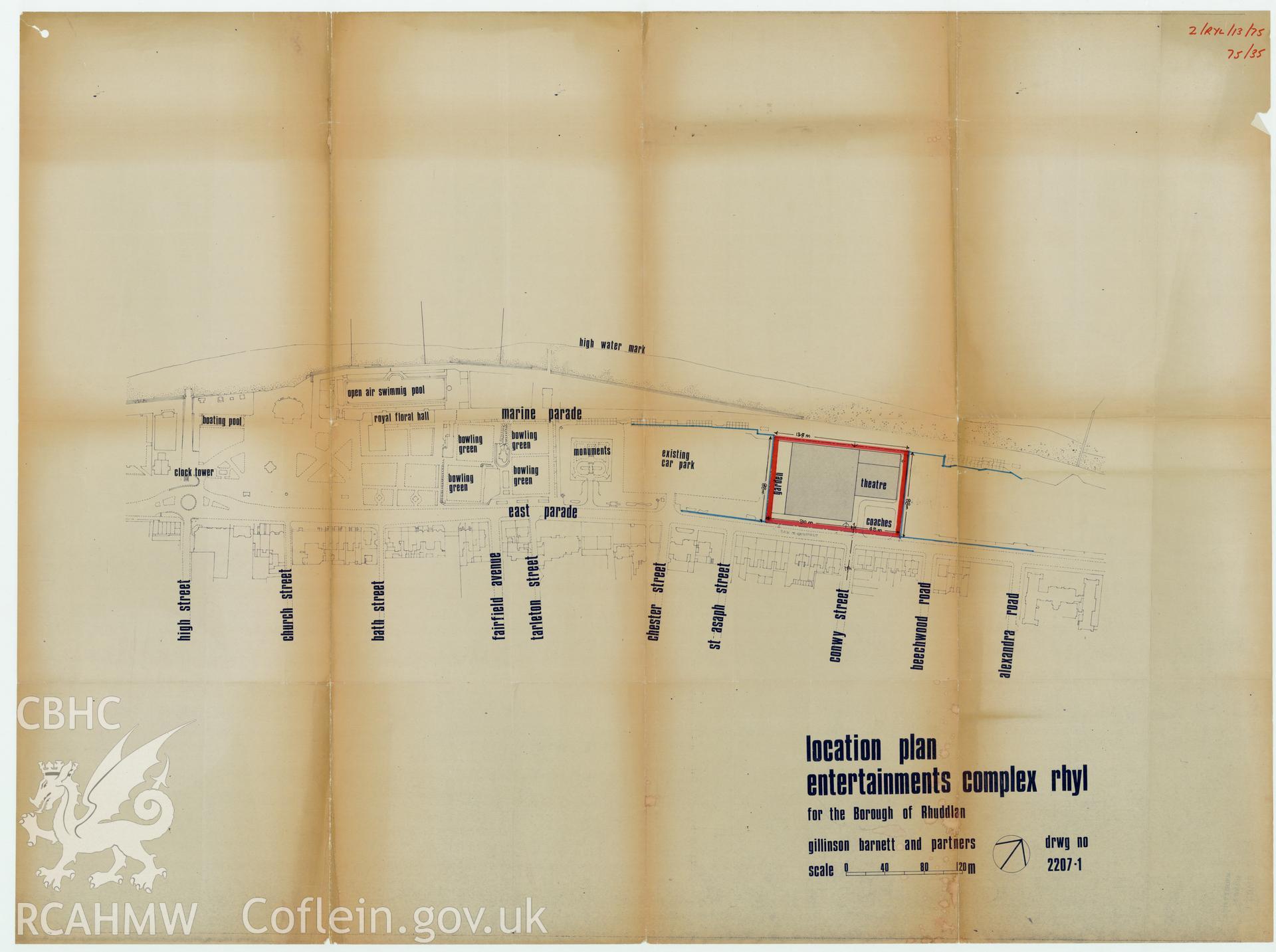 Digital copy of a measured drawing showing location plan of the entertainment complex at Rhyl Sun Centre and Theatre, produced by Gillinson Barnett & Partners  1975. Loaned for copying by Denbighshire County Council.