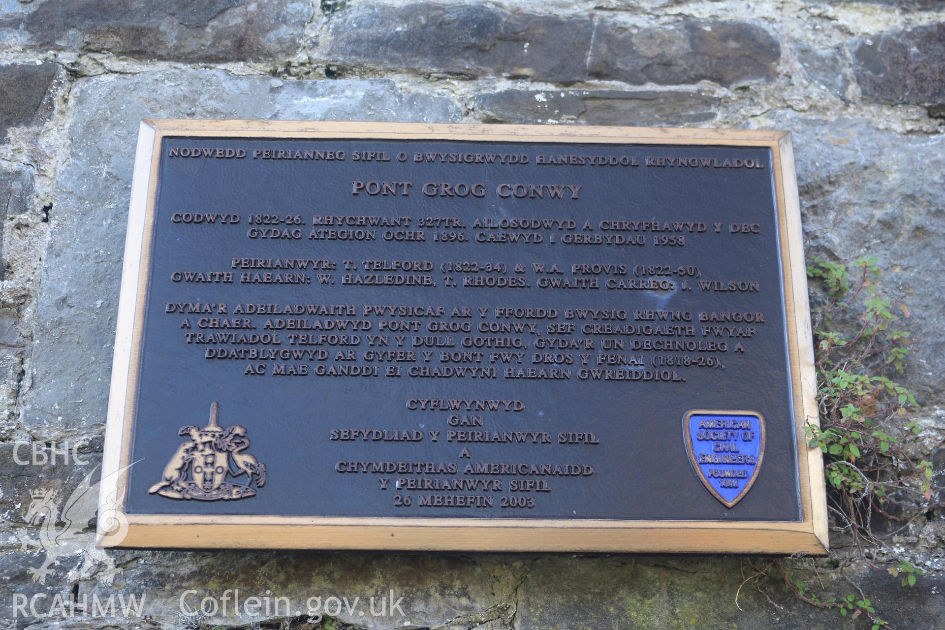 Investigator Photographs of Conwy Suspension Bridge. Welsh commemoration plaque.