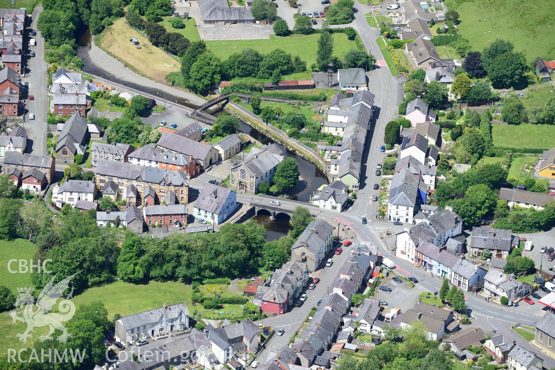 Bethesda Welsh Calvinistic Methodist chapel and St. James' church, Llanwrtyd Wells. Oblique aerial photograph taken during the Royal Commission's programme of archaeological aerial reconnaissance by Toby Driver on 30th June 2015.