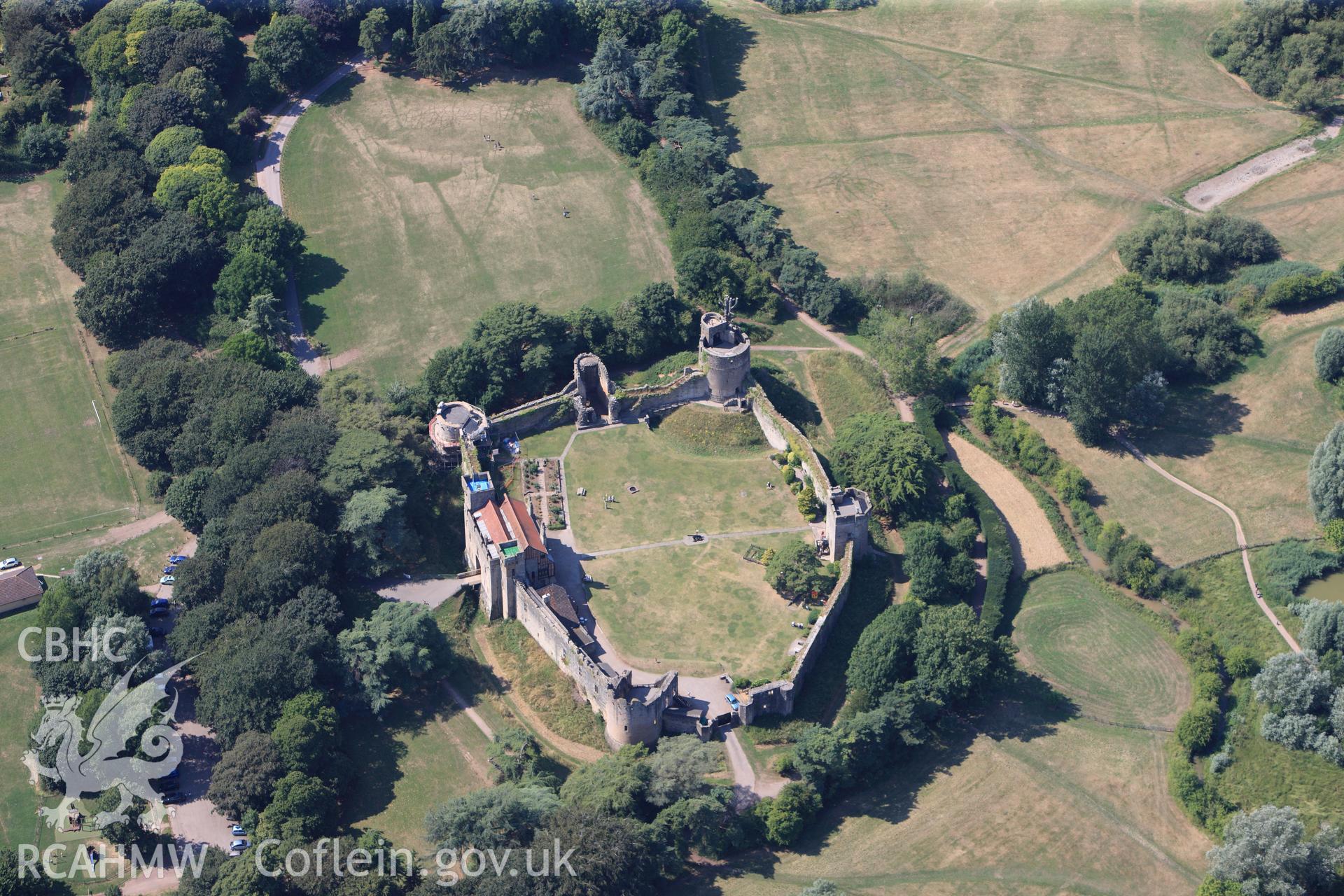 Caldicot Castle, in the town of Caldicot, east of Newport. Oblique aerial photograph taken during the Royal Commission?s programme of archaeological aerial reconnaissance by Toby Driver on 1st August 2013.