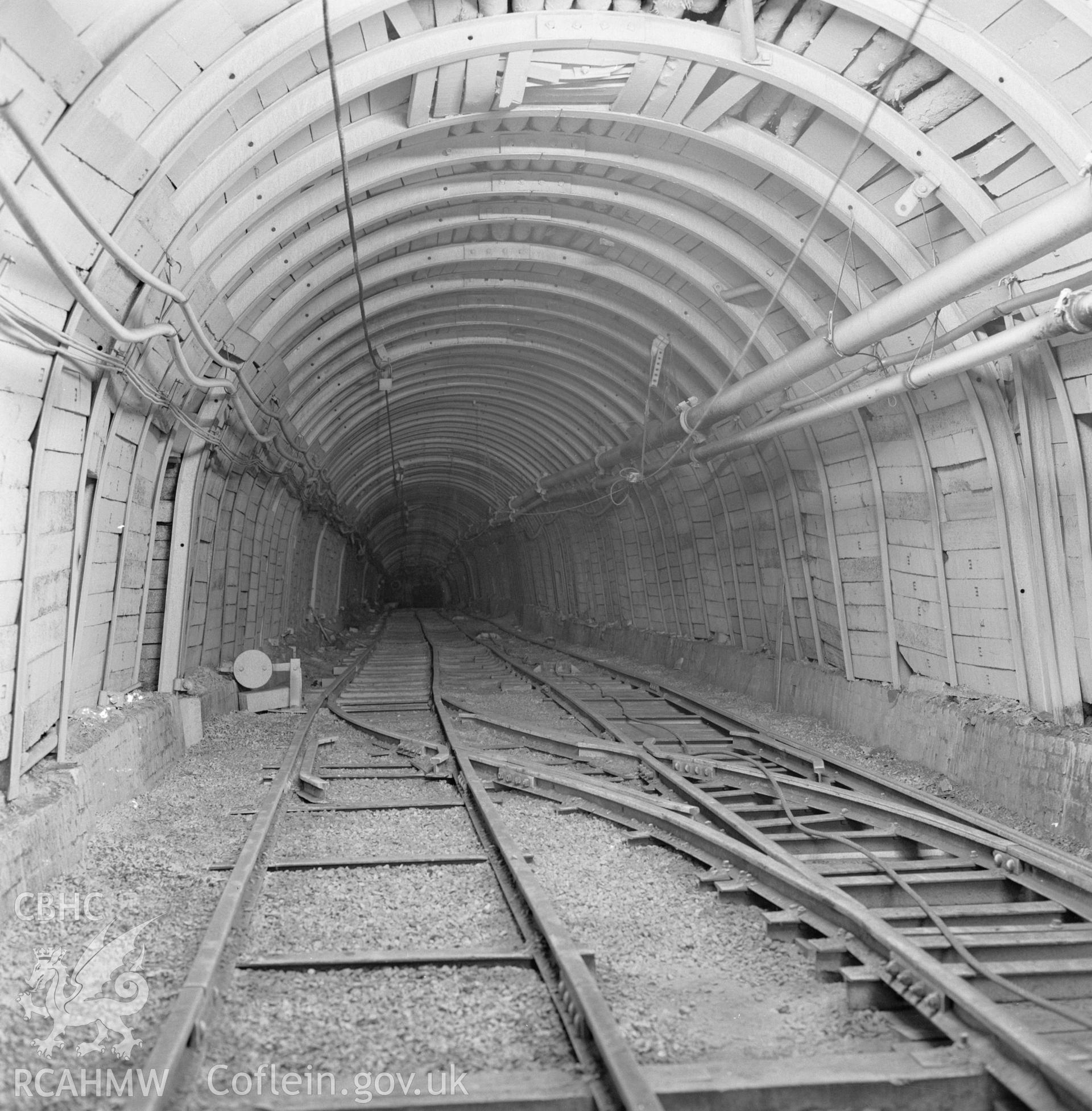 Digital copy of an acetate negative showing roadway at Taff Colliery, from the John Cornwell Collection.