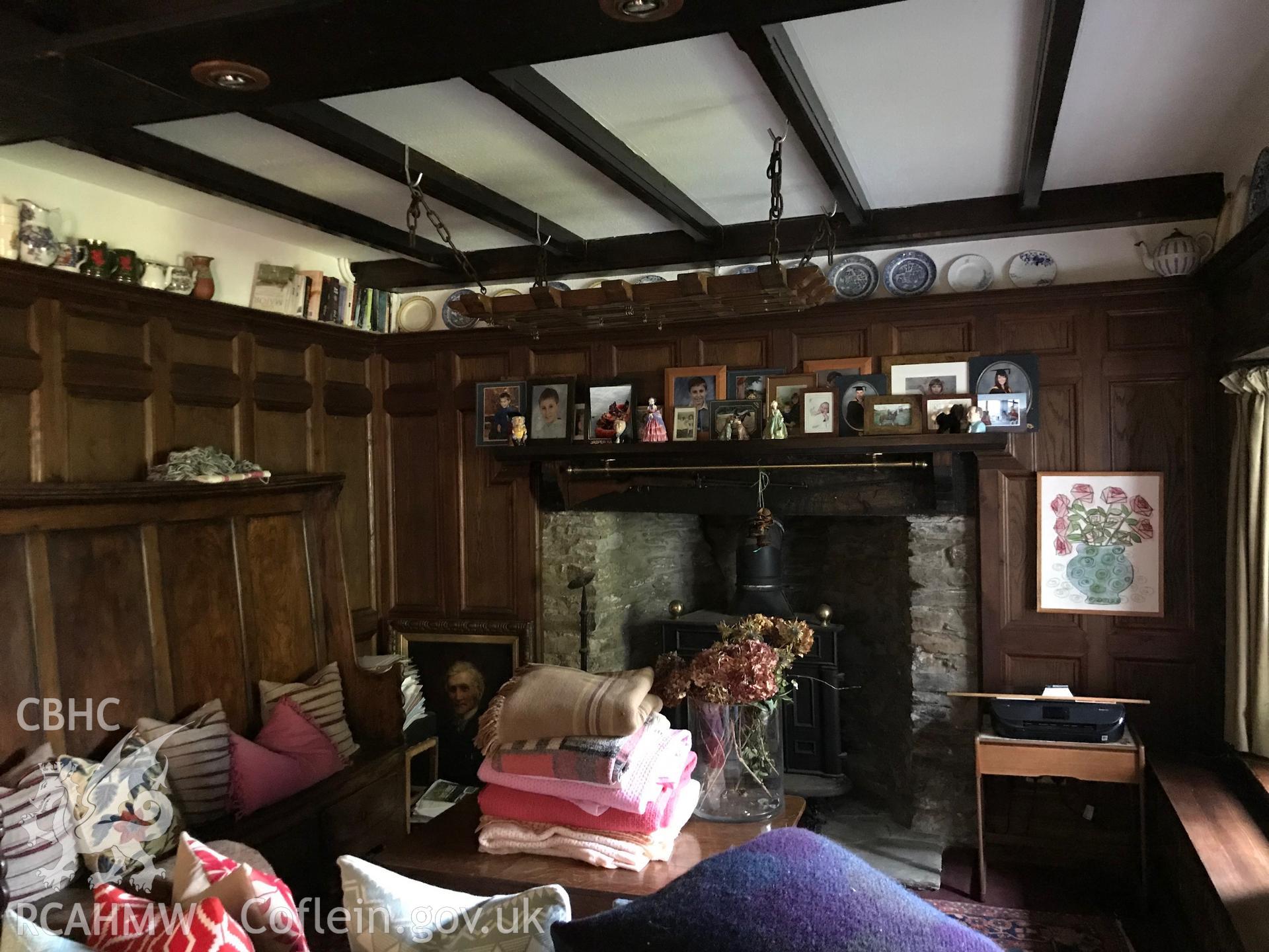 Digital colour photograph showing interior view of wood-panelled room at Ty-Isaf Farmhouse, north of Bedwas, taken by Paul R. Davis on 15th July 2019.