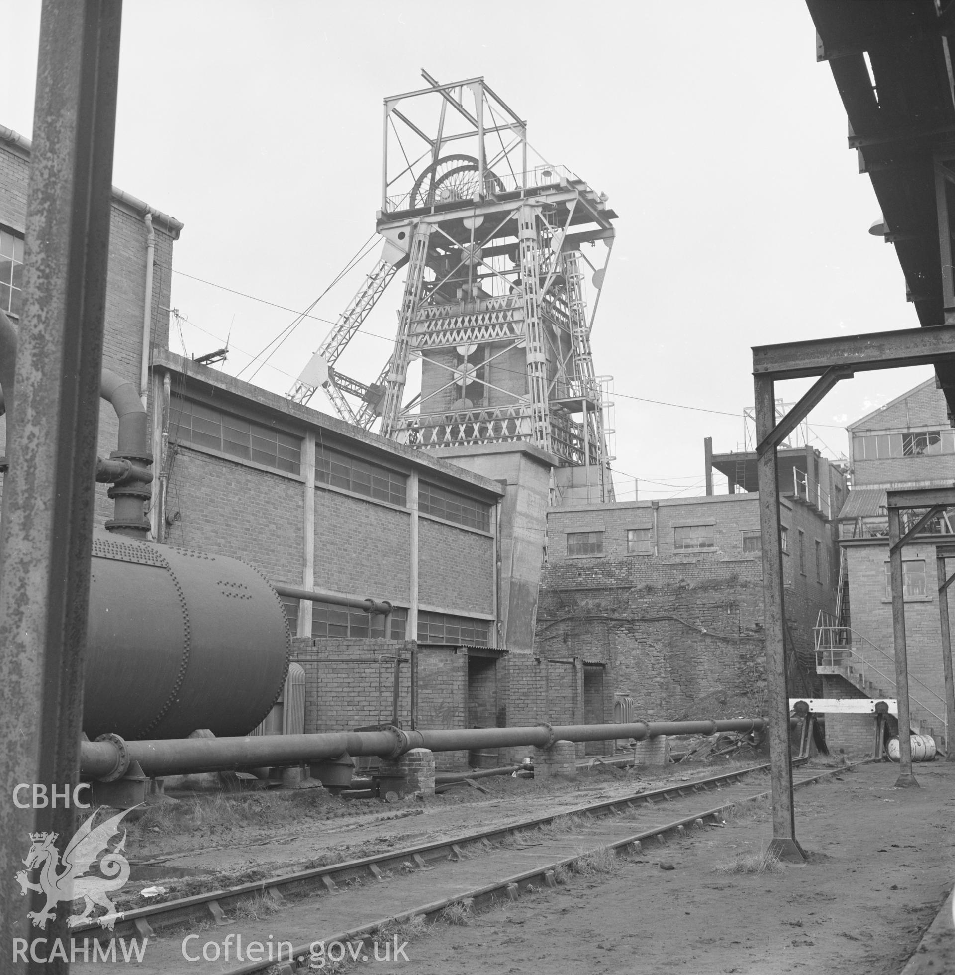 Digital copy of an acetate negative showing headframe at Taff Colliery, from the John Cornwell Collection.