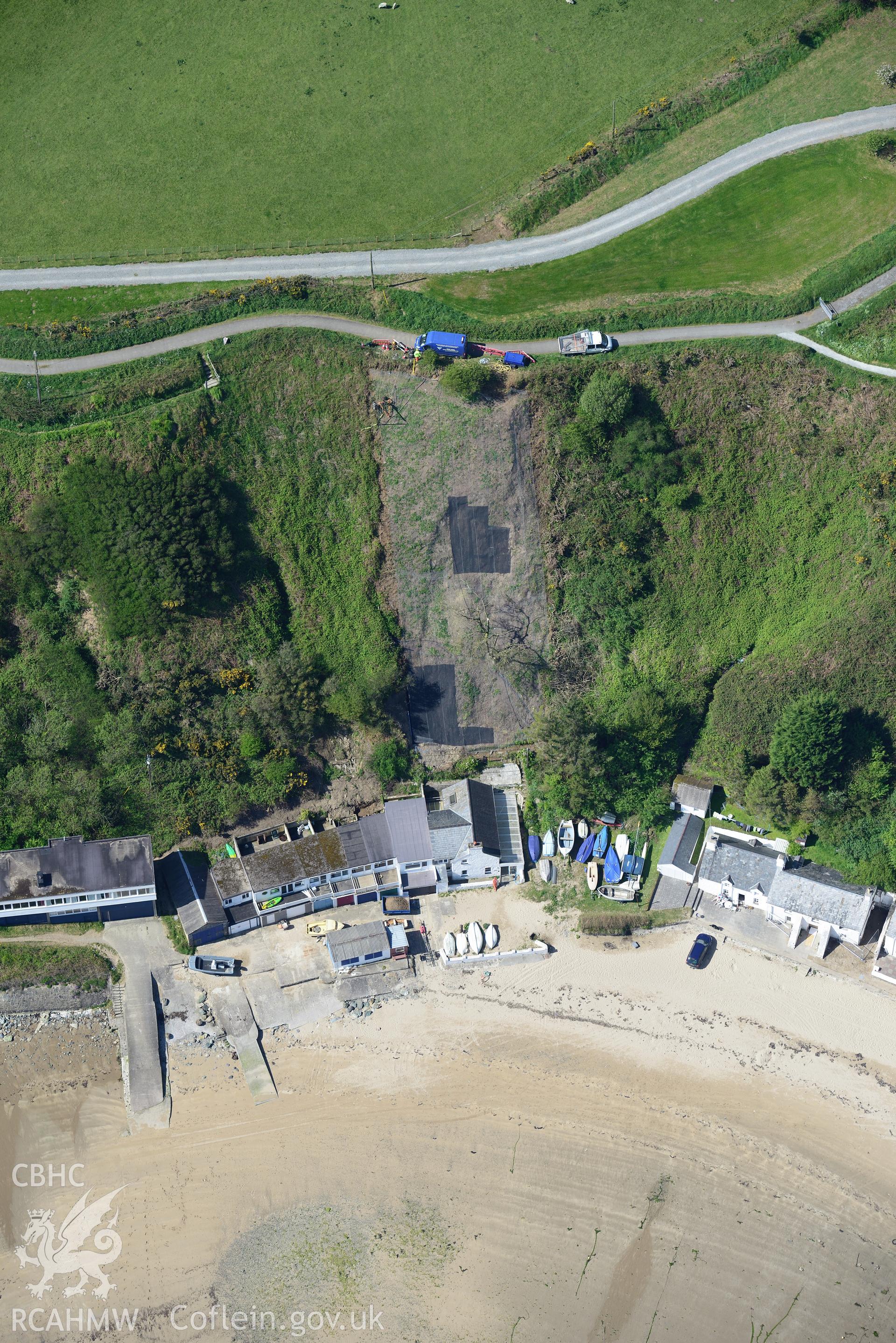 Aerial photography of Penrhyn Nefyn harbour taken on 3rd May 2017.  Baseline aerial reconnaissance survey for the CHERISH Project. ? Crown: CHERISH PROJECT 2017. Produced with EU funds through the Ireland Wales Co-operation Programme 2014-2020. All material made freely available through the Open Government Licence.