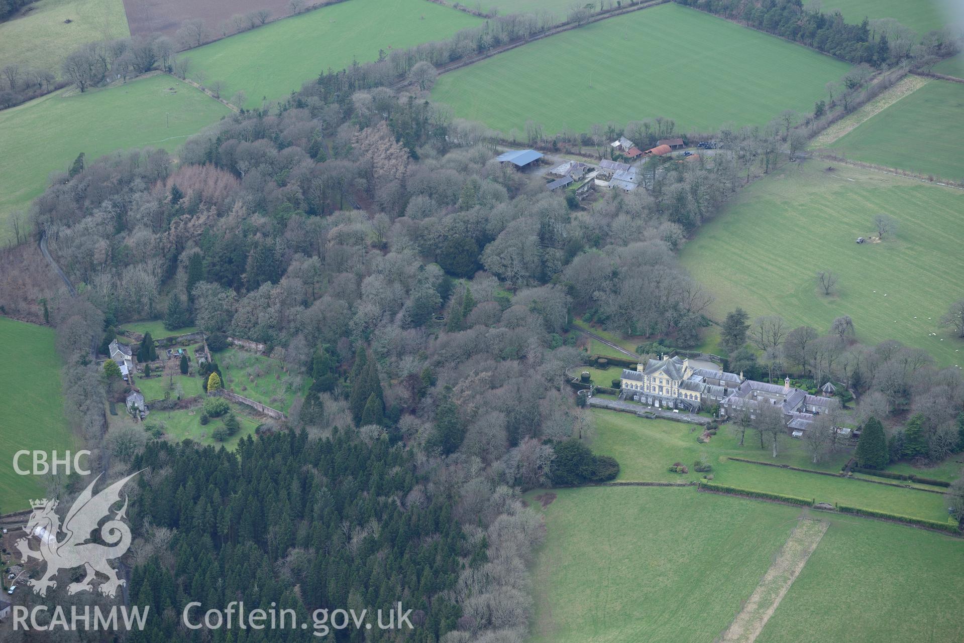 Ffynonau Mansion and the associated stable, kitchen court and garden, Newchapel, near Newcastle Emlyn. Oblique aerial photograph taken during the Royal Commission's programme of archaeological aerial reconnaissance by Toby Driver on 13th March 2015.