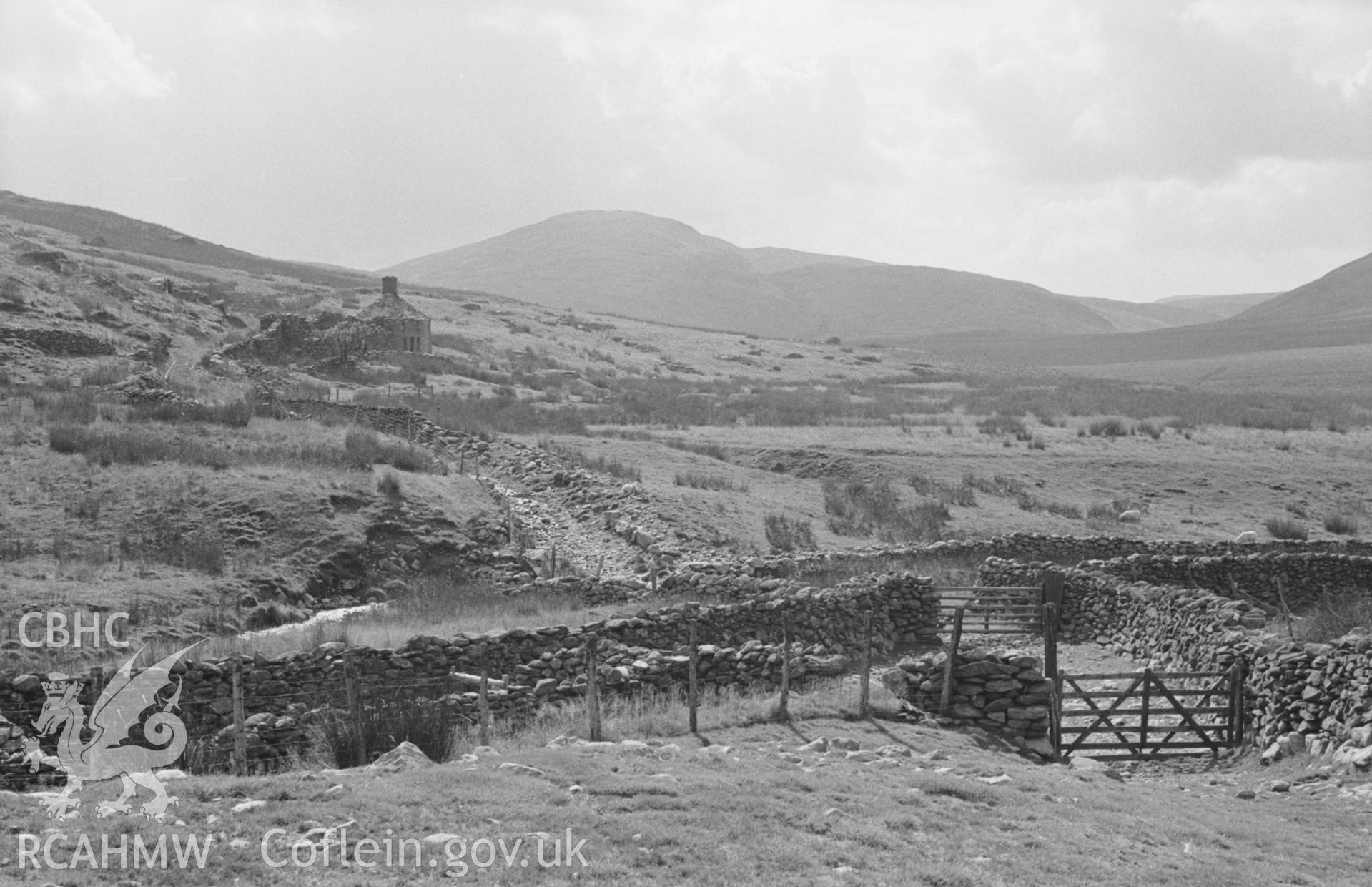 Digital copy of a black and white negative showing sheepfolds and ruins of Nant y Llyn farmstead, Blaenrheidol, with Drosgol in the distance. Photographed in September 1963 by Arthur O. Chater from Grid Reference SN 7839 8911, looking south west.