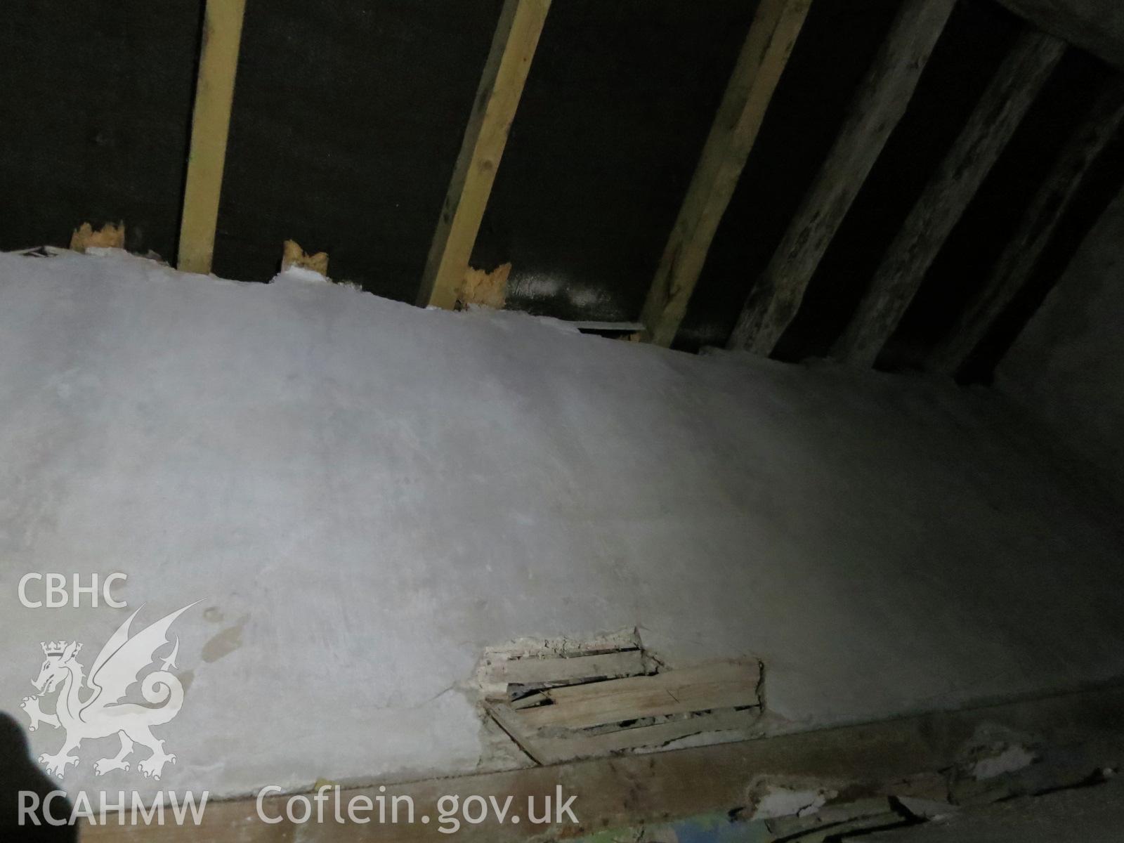 Interior view showing west elevation of attic 2 in the house at Pencerrig Pellaf, Ffordd Uchaf, Harlech. Photographed by Kimberley Urch as part of photographic survey for planning application (ref. no. NP5/61/LB446A Snowdonia National Park Authority).