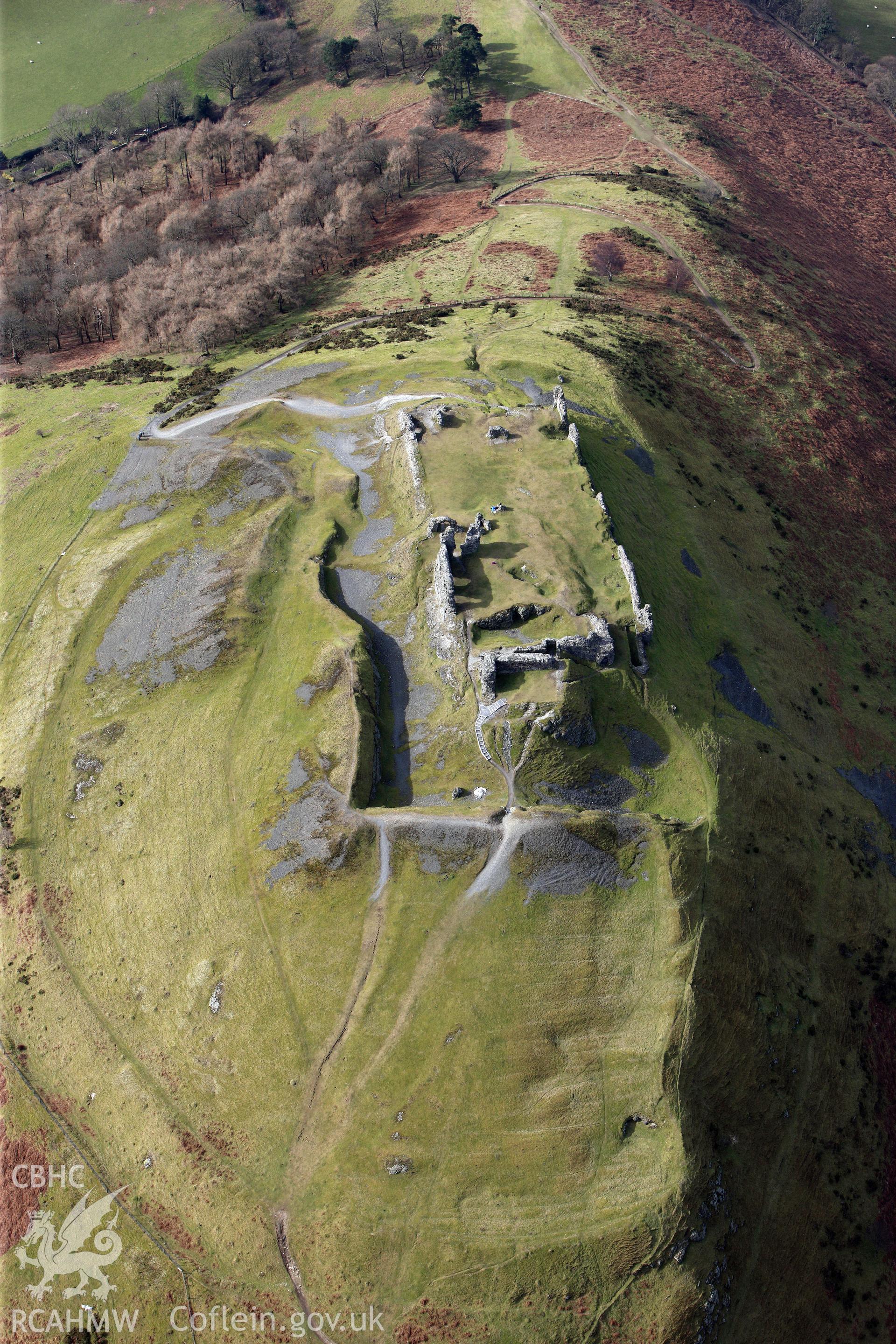 Castell Dinas Bran ruined castle and earthwork enclosure, east of Llangollen. Oblique aerial photograph taken during the Royal Commission?s programme of archaeological aerial reconnaissance by Toby Driver on 28th February 2013.