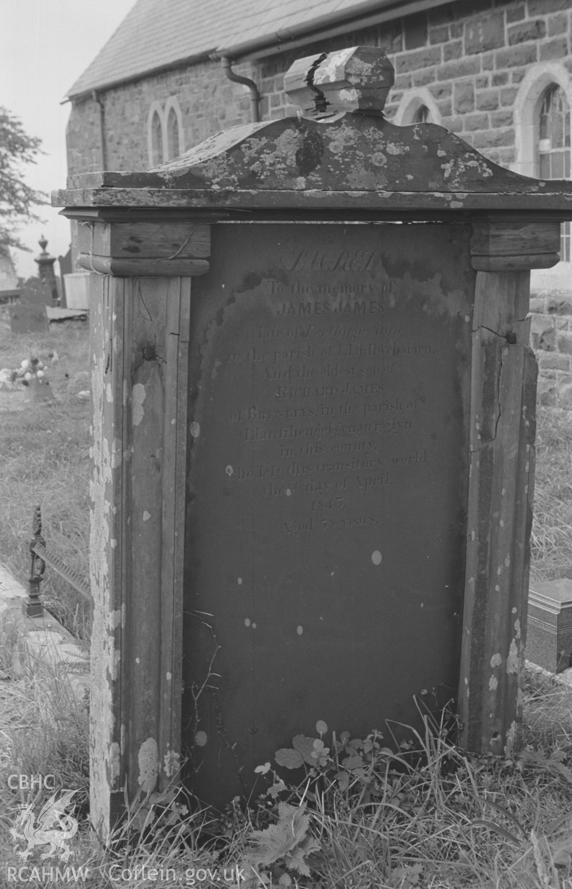 Digital copy of a black and white negative showing 1845 gravestone to the memory of James James at St. David's Church, Henfynyw, Aberaeron. Photographed by Arthur O. Chater on 5th September 1966 from Grid Reference SN 447 613.
