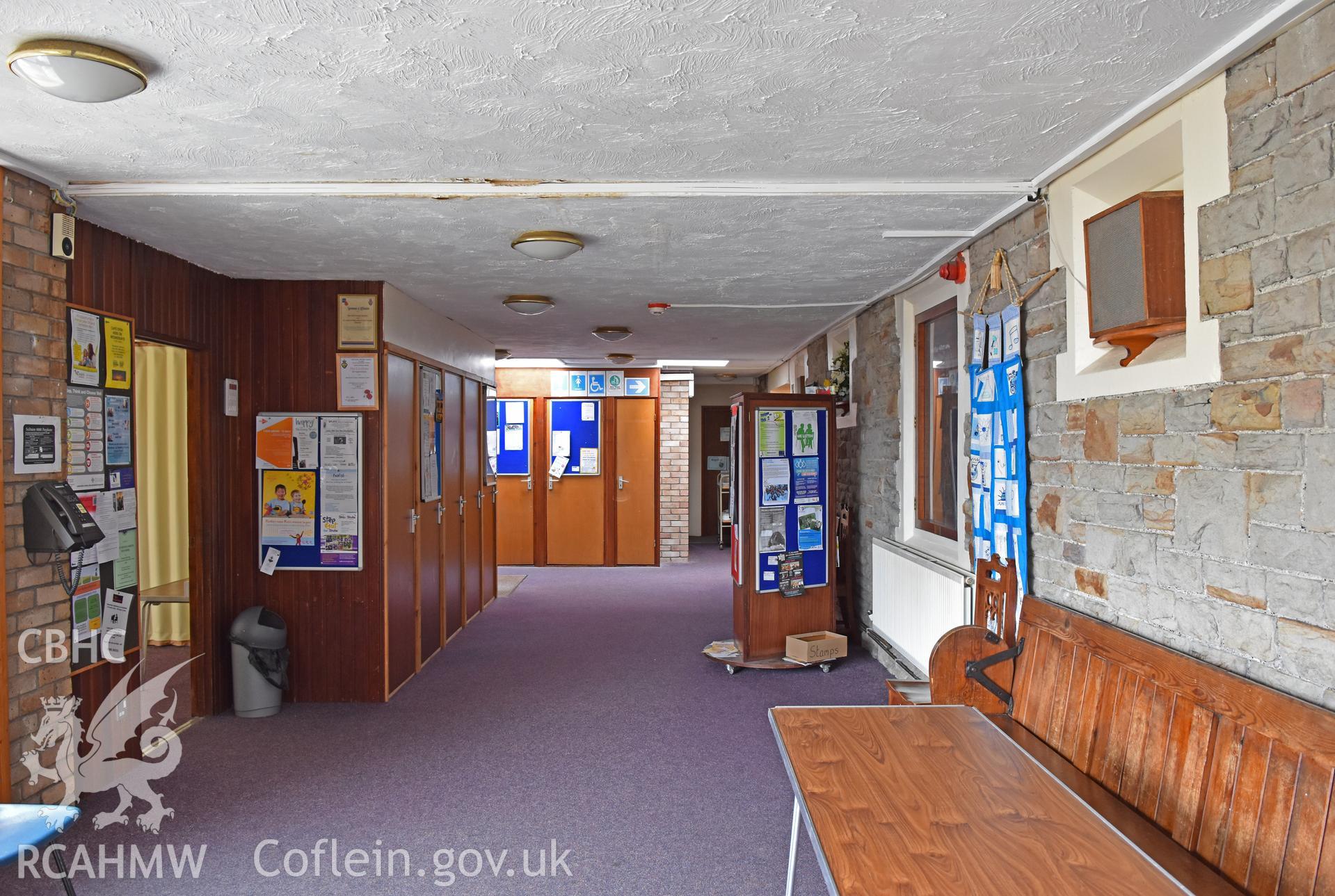 Colour photograph showing interior view of foyer at English Wesleyan Methodist Chapel, Porthcawl, taken during photographic survey conducted by Sue Fielding on 12th May 2018.