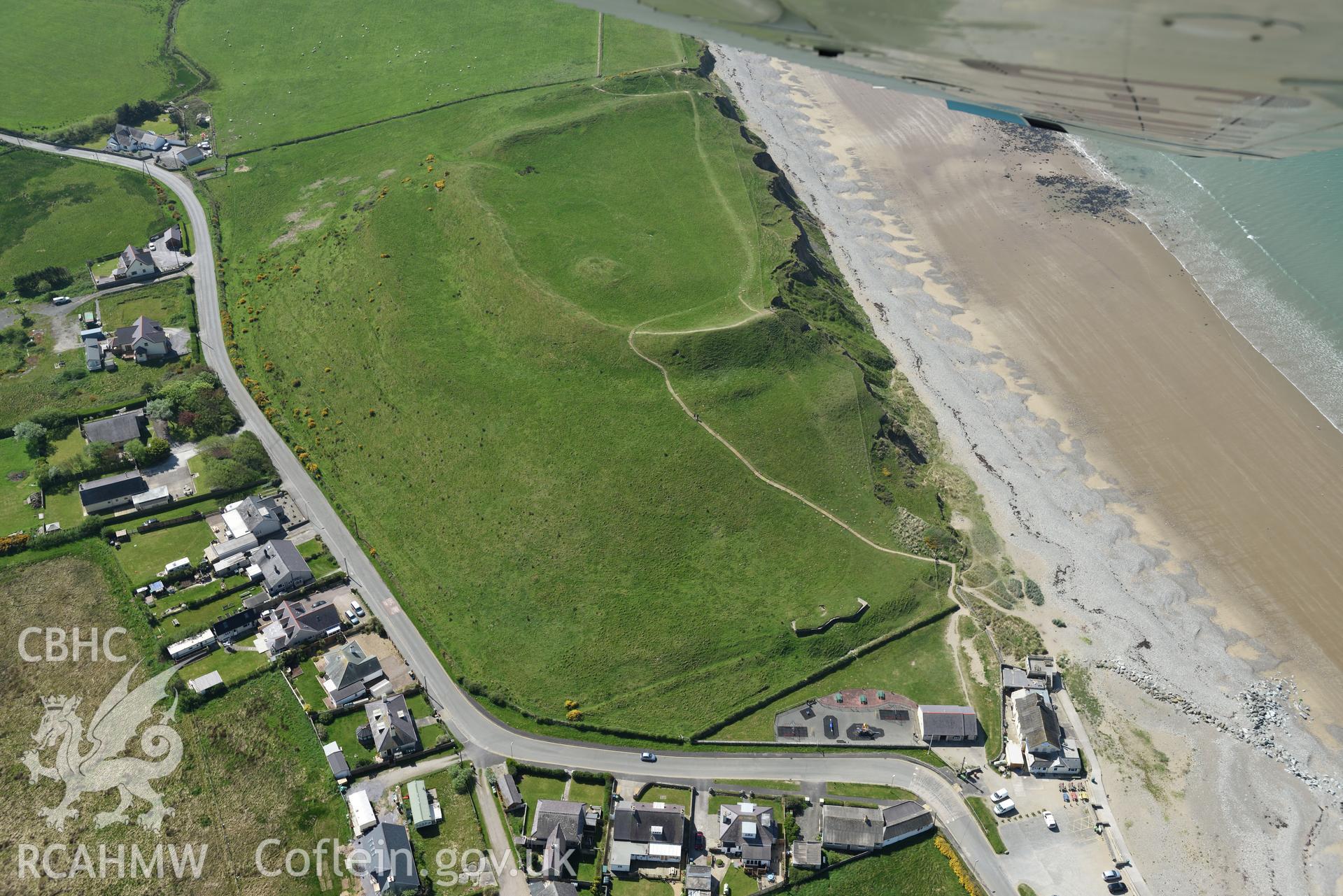 Aerial photography of Dinas Dinlle taken on 3rd May 2017.  Baseline aerial reconnaissance survey for the CHERISH Project. ? Crown: CHERISH PROJECT 2017. Produced with EU funds through the Ireland Wales Co-operation Programme 2014-2020. All material made