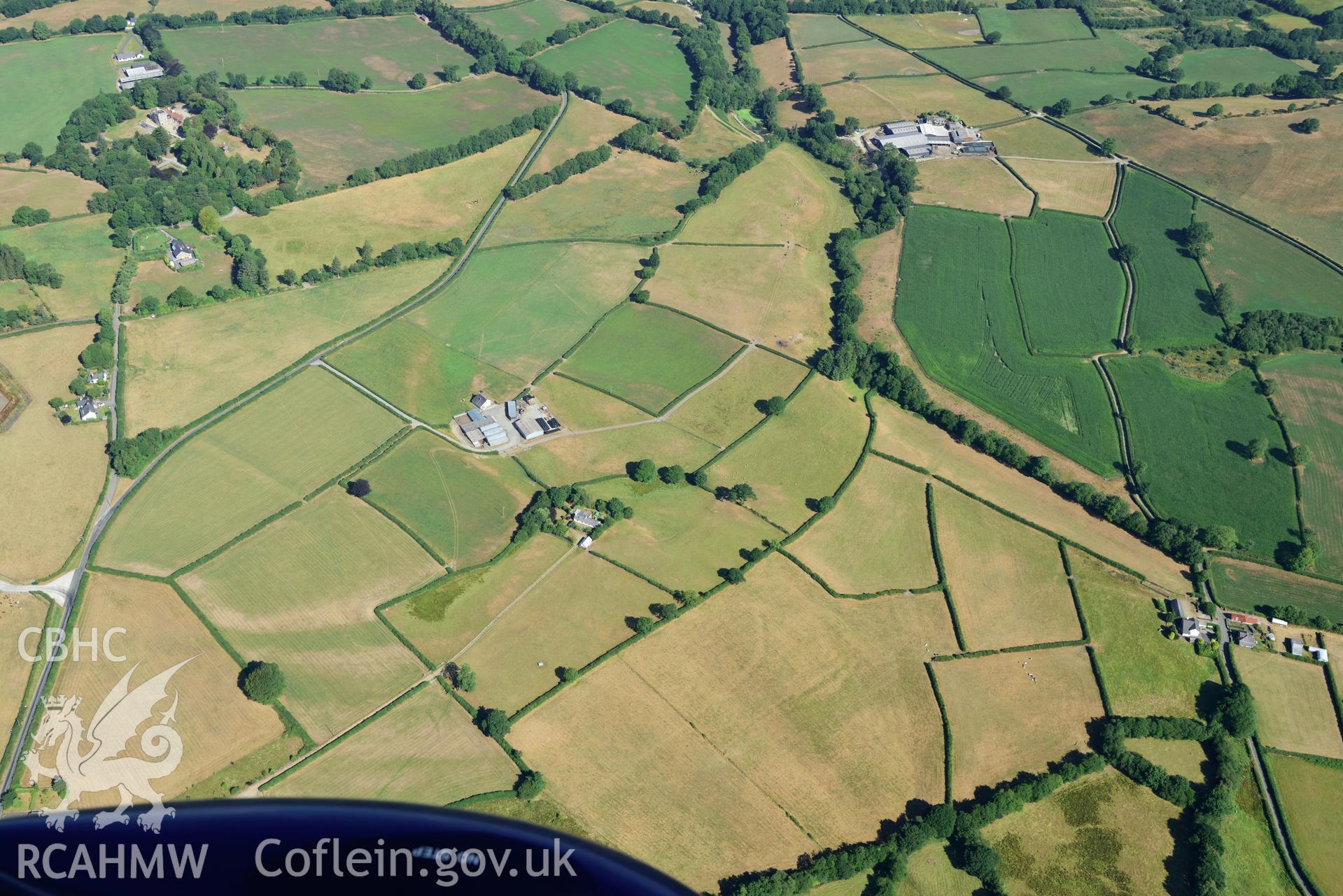 Royal Commission aerial photography of Glynrhiced-fach possible enclosure, taken on 19th July 2018 during the 2018 drought.