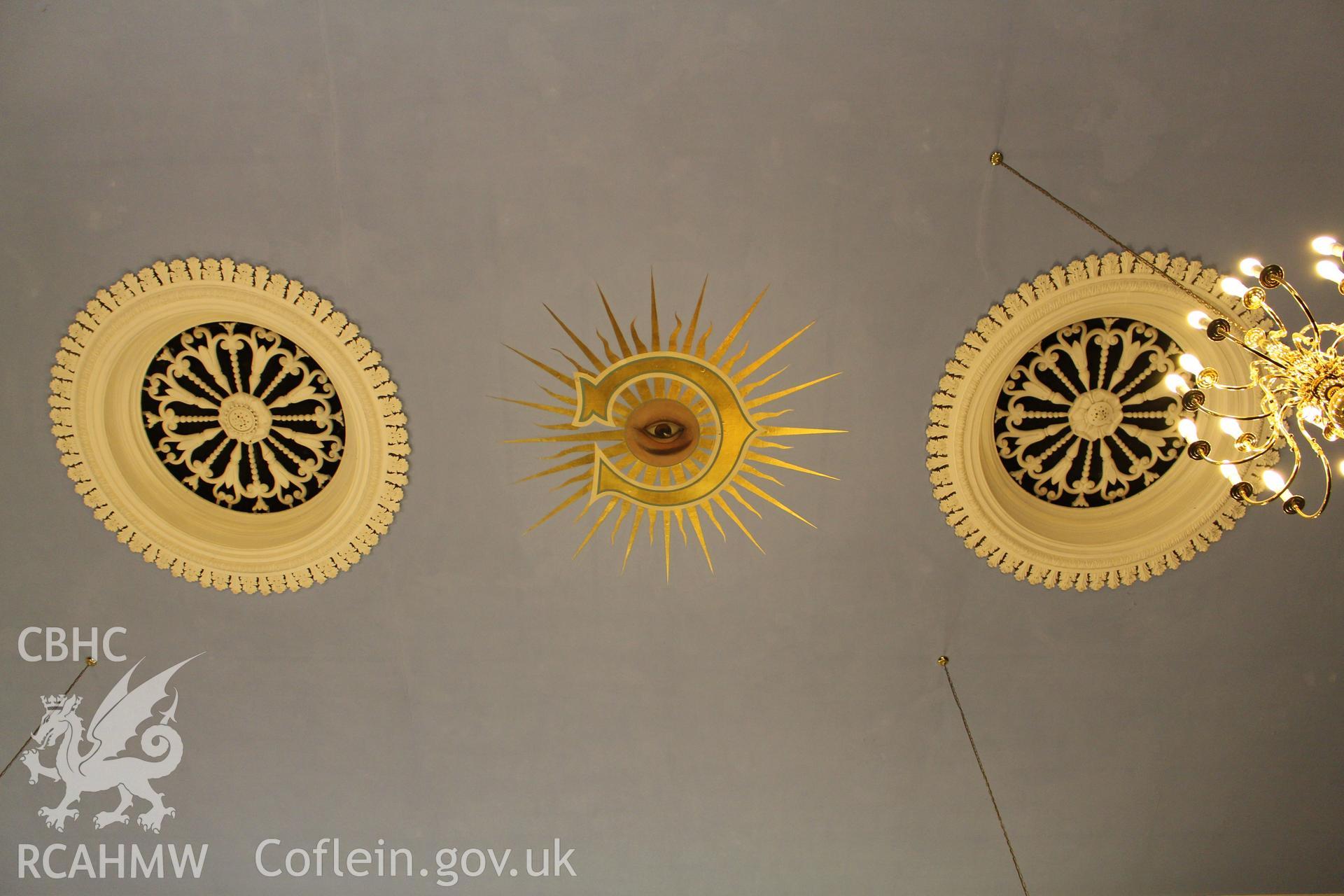 Detailed view of decorations on ceiling at former United Free Methodist Church, now a Masonic Temple, in Cardiff. Photograph taken during survey conducted by Sue Fielding of the RCAHMW, 11th March 2019.