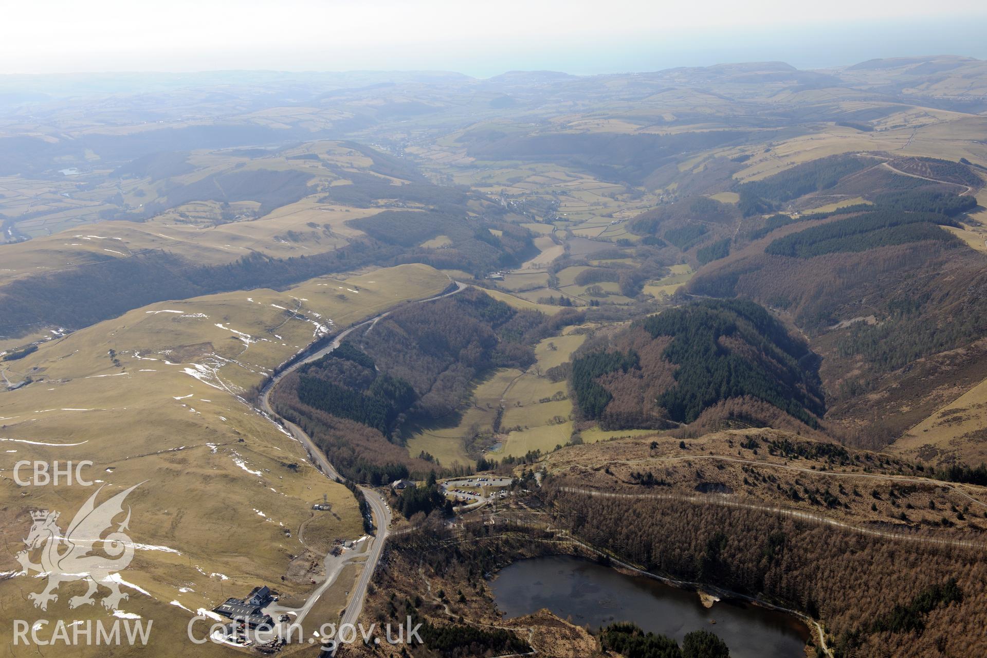 Bwlch Nant-yr-Arian visitor centre, west of Ponterwyd. Oblique aerial photograph taken during the Royal Commission's programme of archaeological aerial reconnaissance by Toby Driver on 2nd April 2013.