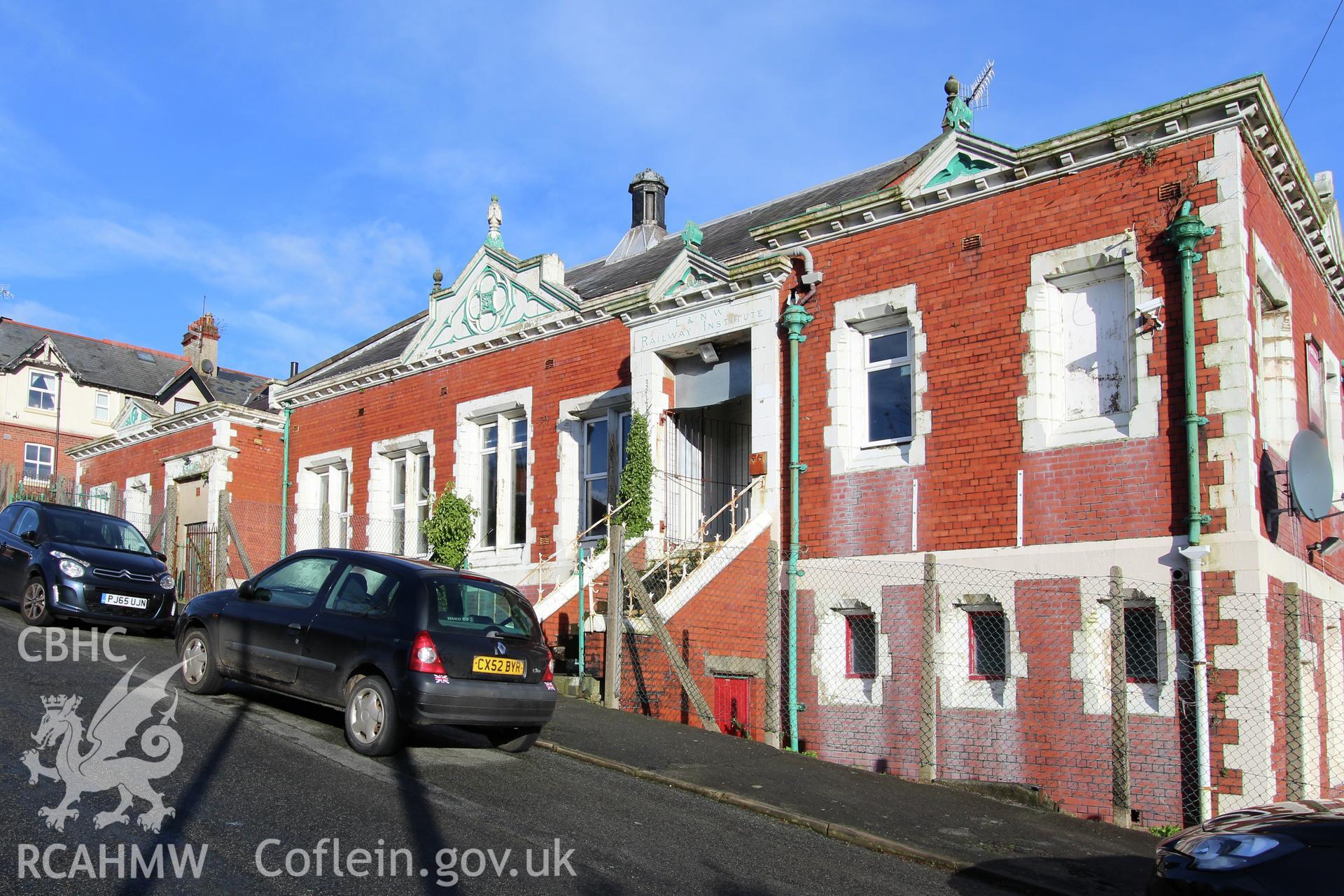 Exterior view showing front elevation of the Railway Institute, Bangor. Photographed during survey conducted by Sue Fielding for the RCAHMW on 4th April 2016.