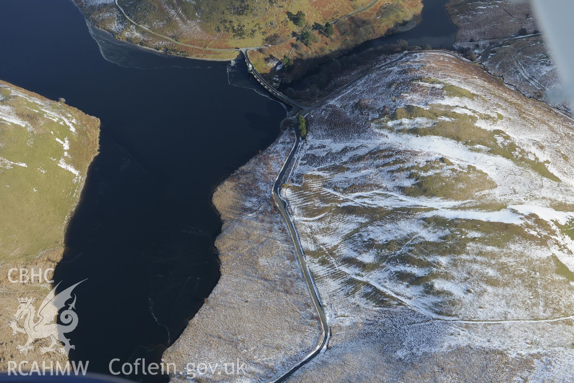 Craig Coch reservoir and dam at the Elan Valley Water Scheme, west of Rhayader. Oblique aerial photograph taken during the Royal Commission's programme of archaeological aerial reconnaissance by Toby Driver on 4th February 2015.
