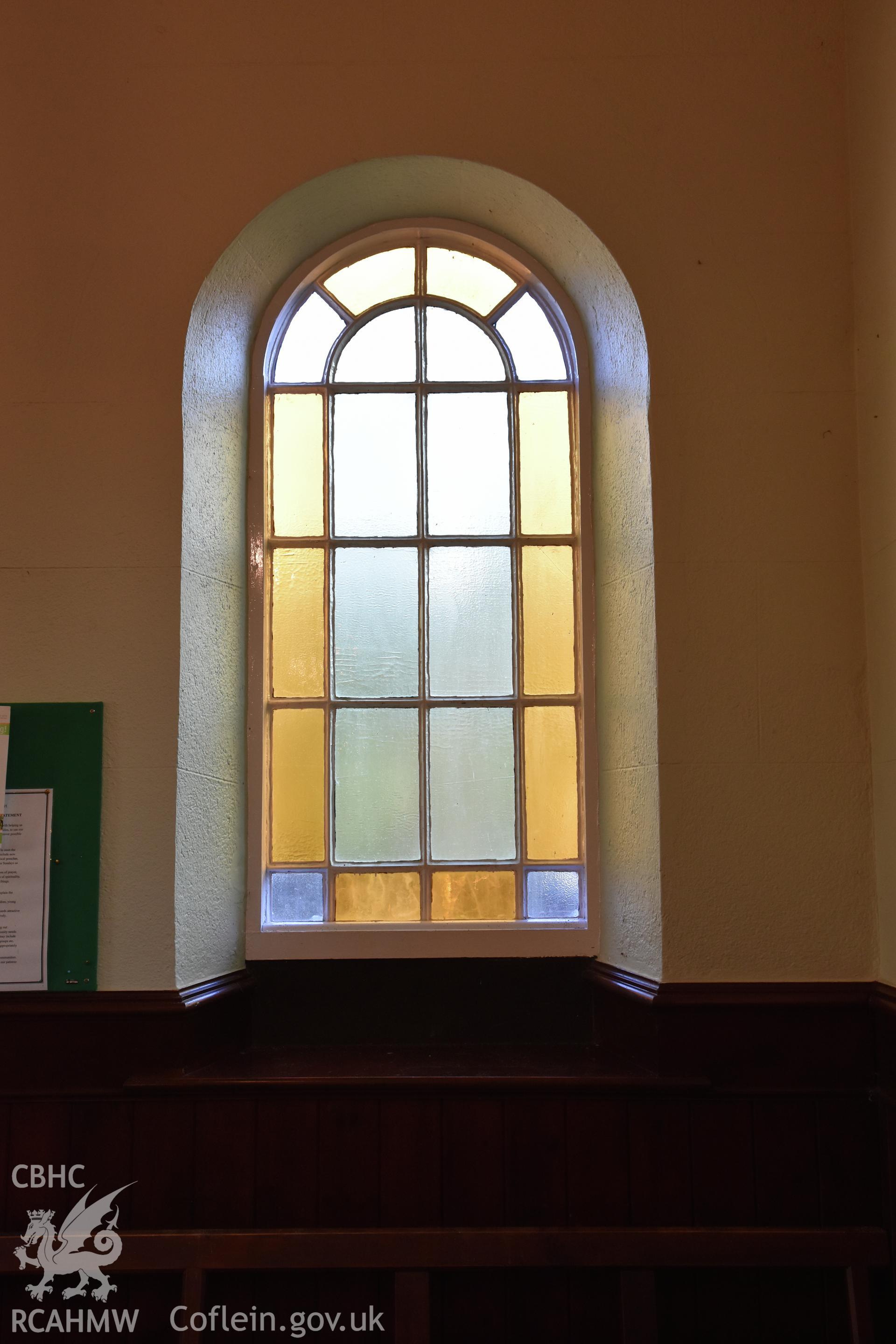Interior view of stained glass window at Hyssington Primitive Methodist Chapel, Hyssington, Churchstoke. Photographic survey conducted by Sue Fielding on 7th December 2018.