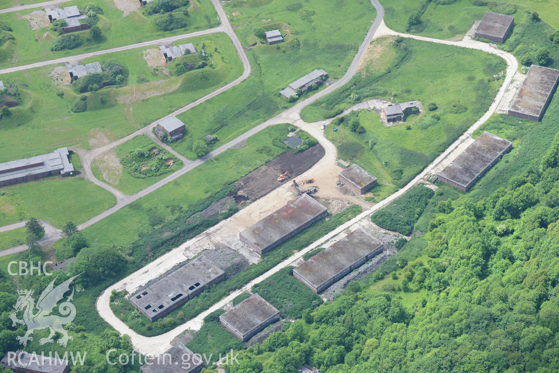 Royal Naval propellant factory at Caerwent. Oblique aerial photograph taken during the Royal Commission's programme of archaeological aerial reconnaissance by Toby Driver on 11th June 2015.