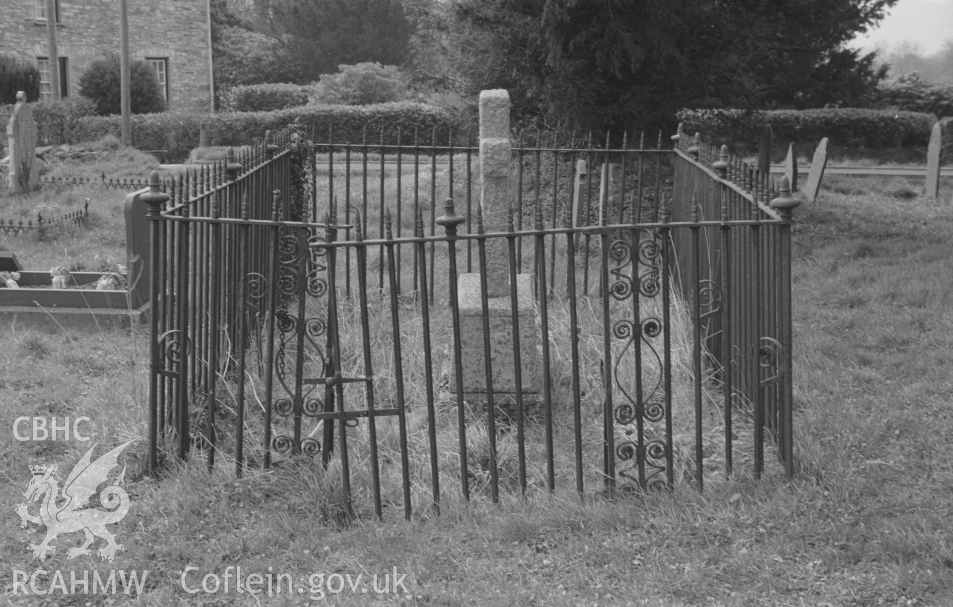 Digital copy of a black and white negative showing wrought iron grave enclosures in churchyard at St Hilary's Church, Trefilan. Photographed by Arthur O. Chater on 11th April 1967 from Grid Reference SN 550 572.
