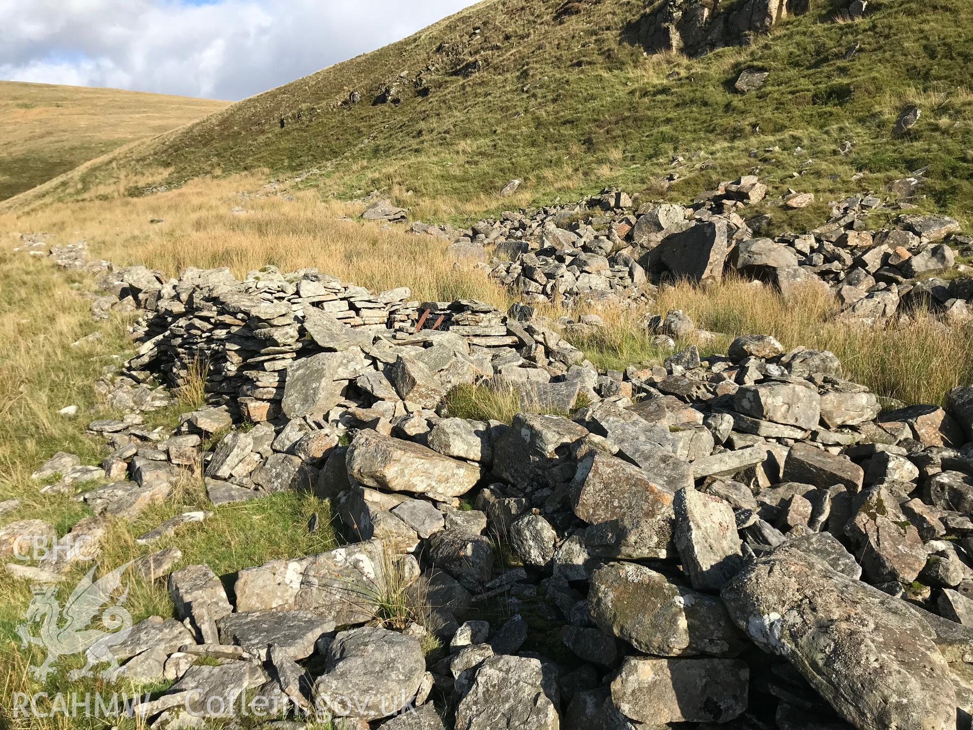 Digital colour photograph showing detailed view of Taren Lluest Fforch Ddu Huts in the Garw Valley, taken by Paul R. Davis on 6th October 2019.